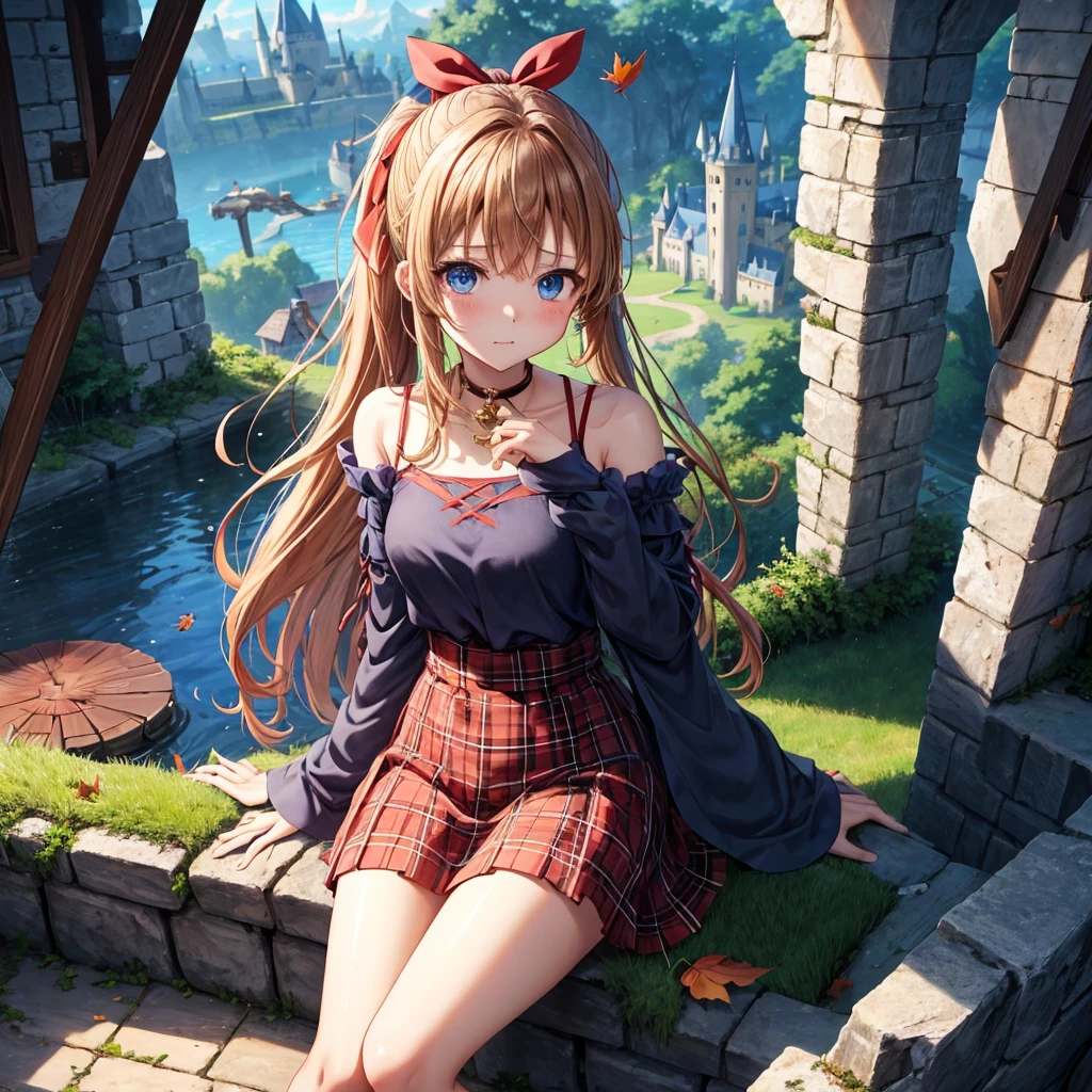 reddish-brown blonde、blue hair、blue eyes、ponytail、one good looking girl、solo、anime、Plaid miniskirt、camisole、sitting、black t-shirt、Tilting your face、Doing the ribbon、Ribbon at waist、sunset sky、broken stone steps、Remains、tunnel、Fallen leaves、Light and shadow、monster castle、One leg is raised、castle floating in the air、column、Jewelry box、flag、sparks fall、forest、Hand mirror、bondage、tall grass grows、cloak、circular cobblestone、the ground is cracked、aquarium、Vortex of Light、looking down、Fairies are flying