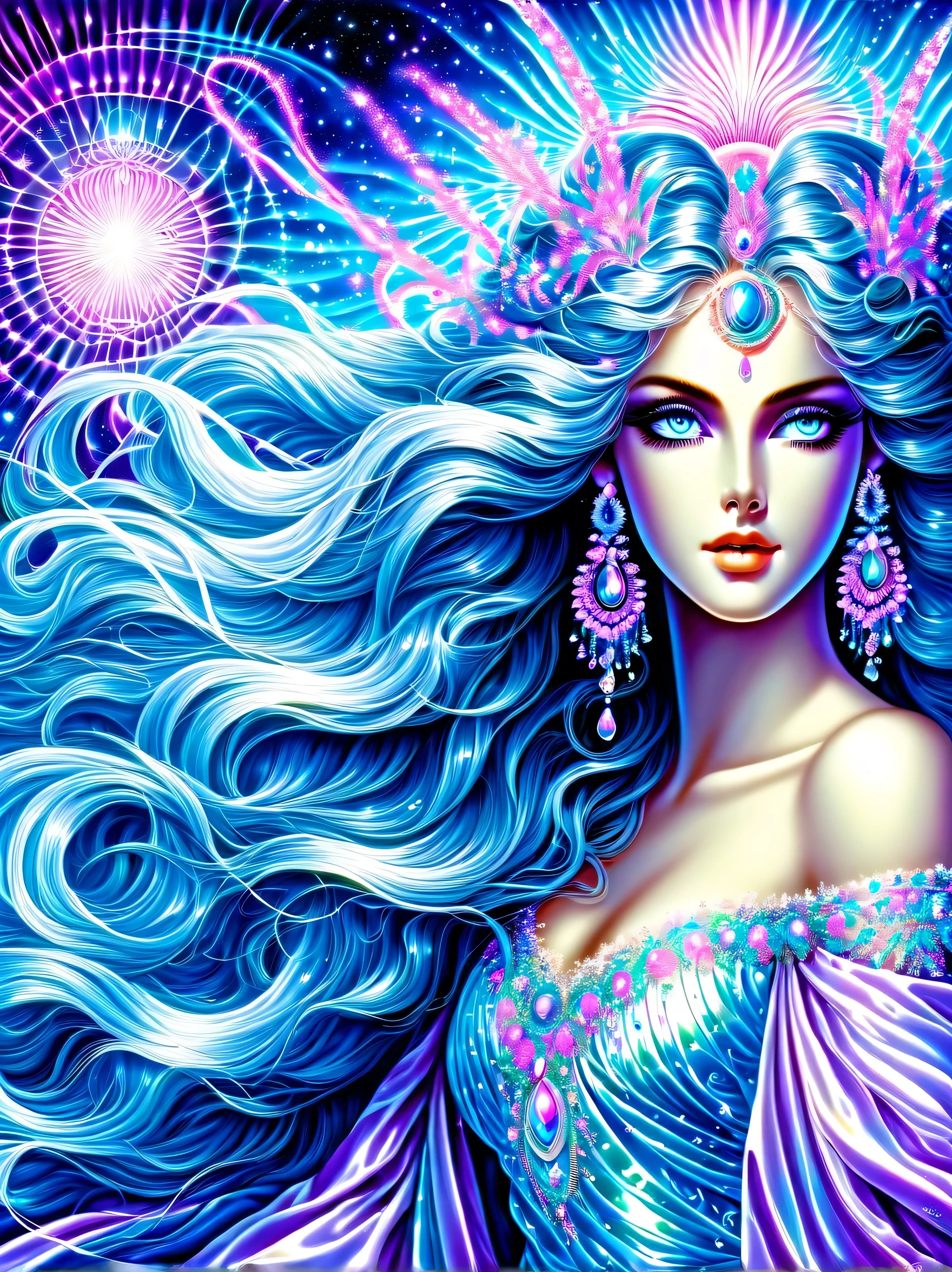 A surprisingly sacred goddess is depicted, Charming and seductive, flowing long hair, Shiny hair and enchanting beauty, glossy eyes, wearing an elaborate and elegant dress, Vaporwave aesthetic style, Embodying the essence of the background of psychedelic trance and vaporwave aesthetics, high resolution painting, A shining presence, costumes with intricate details, Exudes supreme elegance, transcendental charm, matte brush strokes,