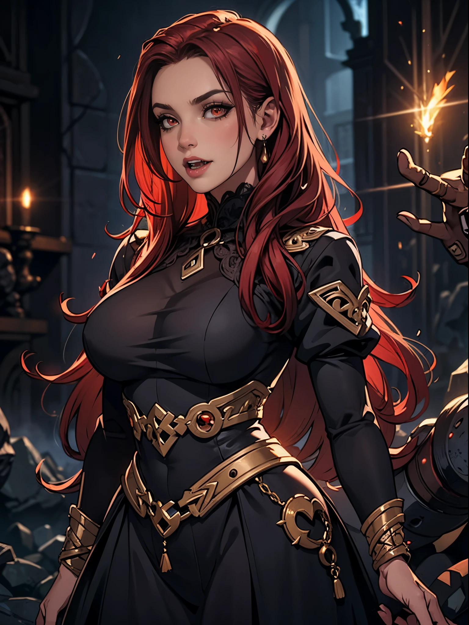 High vampire female, goth Renaissance, red hair, long hair, intricate, dark dress, glowing eyes, fantastical, vampire, fangs, hyper detailed, 32k resolution, volumetric lighting, hyper detailed, intricately detailed, Unreal Engine 5, volumetric lighting