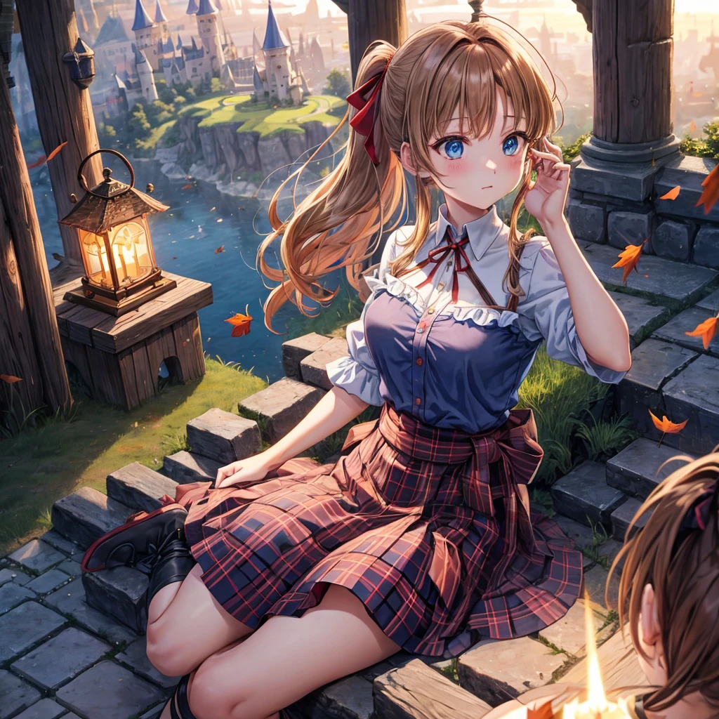 reddish-brown blonde、blue hair、blue eyes、ponytail、one good looking girl、solo、anime、Plaid miniskirt、camisole、sitting、black t-shirt、Tilting your face、Doing the ribbon、Ribbon at waist、sunset sky、broken stone steps、Remains、tunnel、Fallen leaves、Light and shadow、monster castle、One leg is raised、castle floating in the air、column、Jewelry box、flag、sparks fall、forest、Hand mirror、bondage、tall grass grows、cloak、circular cobblestone、the ground is cracked、aquarium、Vortex of Light、looking down、Fairies are flying