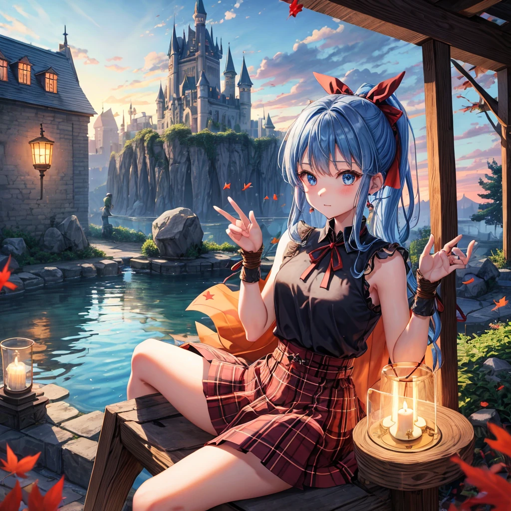reddish-brown blonde、blue hair、blue eyes、ponytail、one good looking girl、solo、anime、Plaid miniskirt、camisole、sitting、black t-shirt、Tilting your face、Doing the ribbon、Ribbon at waist、sunset sky、broken stone steps、Remains、tunnel、Fallen leaves、Light and shadow、monster castle、One leg is raised、castle floating in the air、column、Jewelry box、flag、sparks fall、forest、Hand mirror、bondage、tall grass grows、cloak、circular cobblestone、the ground is cracked、aquarium、Vortex of Light、looking down、Fairies are flying