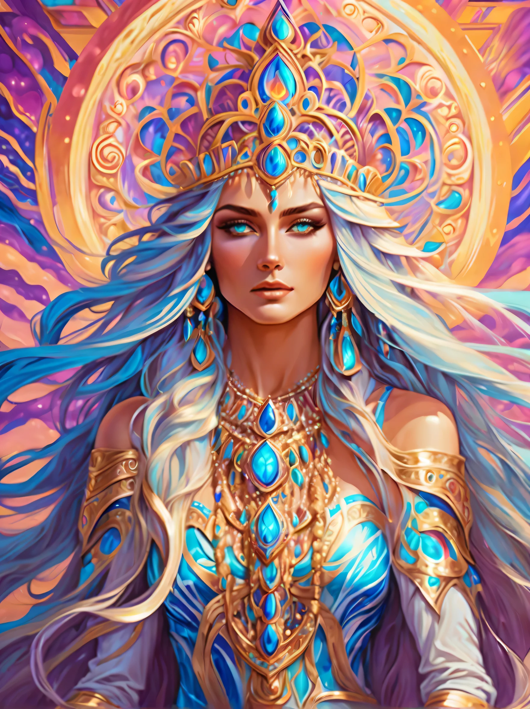 A surprisingly sacred goddess is depicted, Charming and seductive, flowing long hair, Shiny hair and enchanting beauty, glossy eyes, wearing an elaborate and elegant dress, Vaporwave aesthetic style, Embodying the essence of the background of psychedelic trance and vaporwave aesthetics, high resolution painting, A shining presence, costumes with intricate details, Exudes supreme elegance, transcendental charm, matte brush strokes,