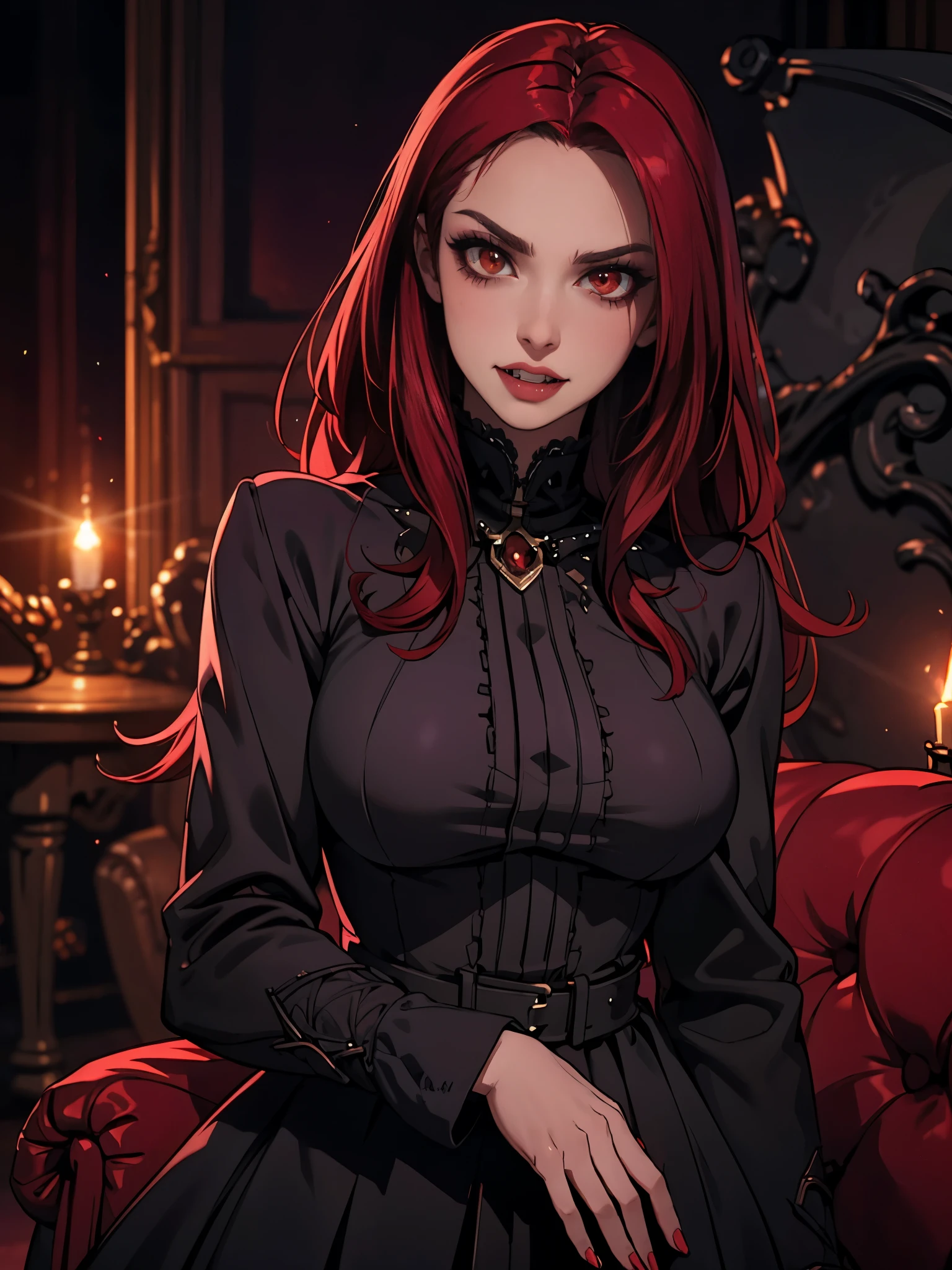 High vampire female, goth Renaissance, red hair, long hair, intricate, dark dress, glowing eyes, fantastical, vampire, fangs, hyper detailed, 32k resolution, volumetric lighting, hyper detailed, intricately detailed, Unreal Engine 5, volumetric lighting