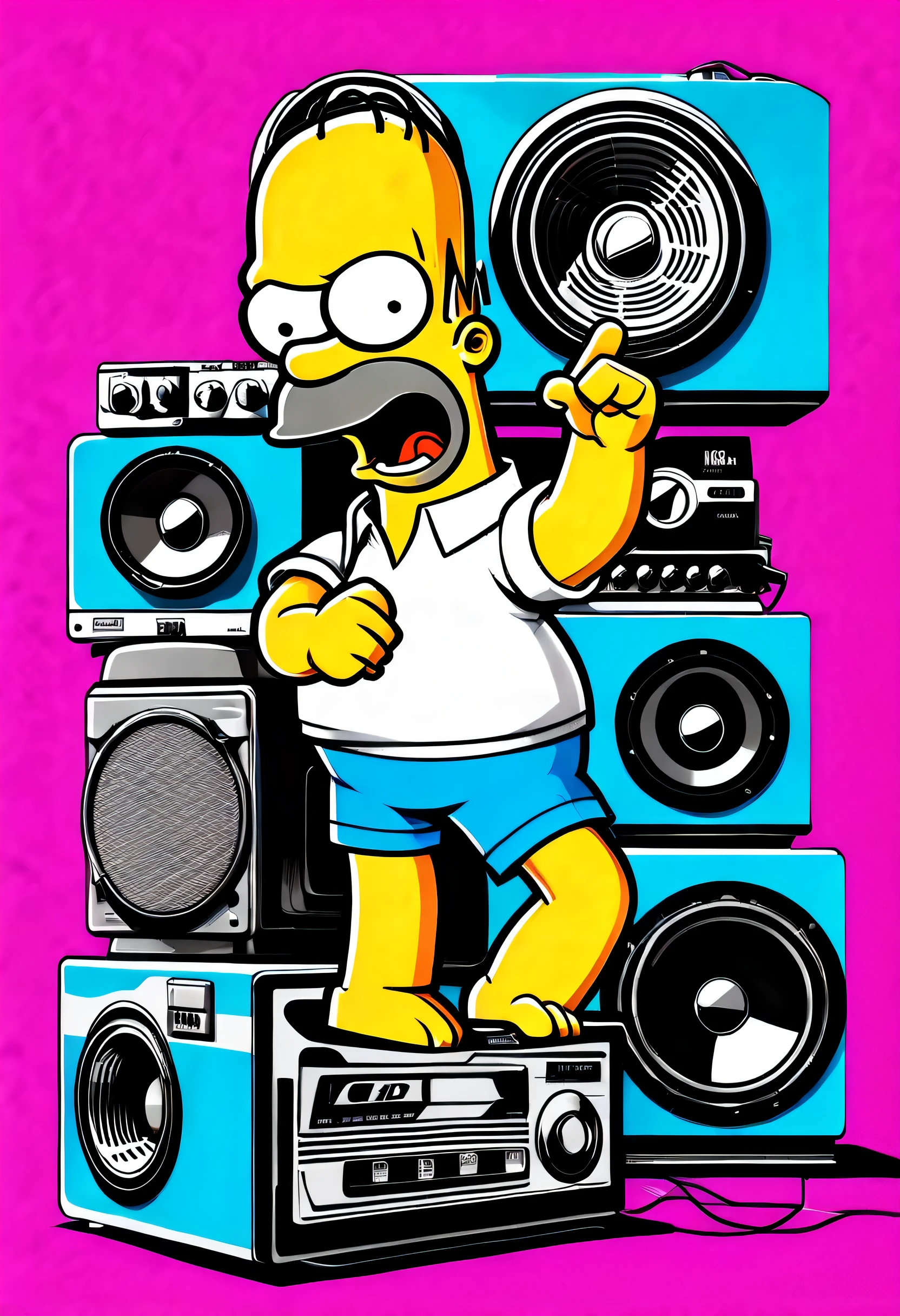 Homer Simpson Details, rockabilly dance doll, Rockabilly fashion, classic tv and refrigerator, (((vaporwave aesthetic illustration:1.3))), toaster, vinyl record, Around the floating area - Notes, round box speaker and woofer, Classic room background details, dynamic angle, Detail textures, high quality, High resolution, grunge coating,