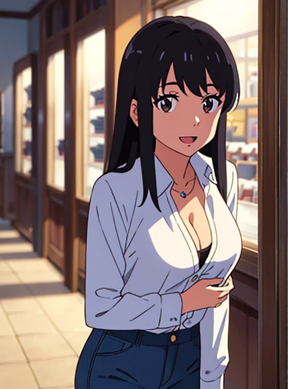 shinkai makoto, kimi no na wa., 1girl, bangs, black hair, brown eyes, open mouth :D, twisted half up hair, red ribbon, long hair, collared shirt, white long sleeve with button, breast, cleavage, medium breast, blue pants, name tag, sexy pose, looking at the viewer, jewelry shop, indoors mall, upper body, masterpiece, perfect anatomy, cowboyshot