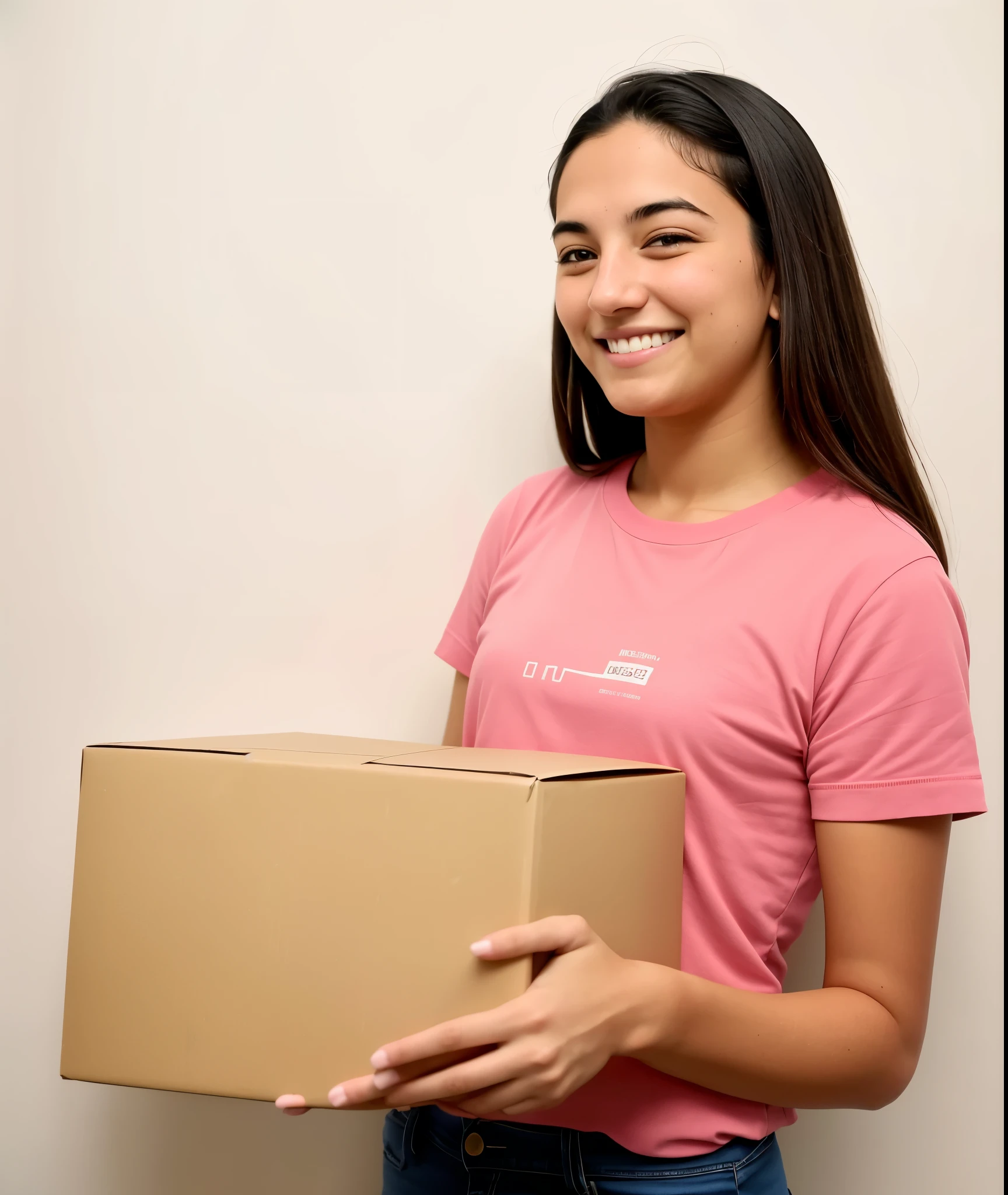 a woman holding a box in her hands and smiling, entregando caixa de encomendas, entregando pacotes para amazon, with a happy expression, jovem, delivering mail, segurando um material, photo of mulher jovem, she is smiling and excited, Pequeno, em movimento, a cute mulher jovem, infp mulher jovem, mulher jovem, retrato de alta qualidade, prompt mulher jovem, carregando uma bandeja