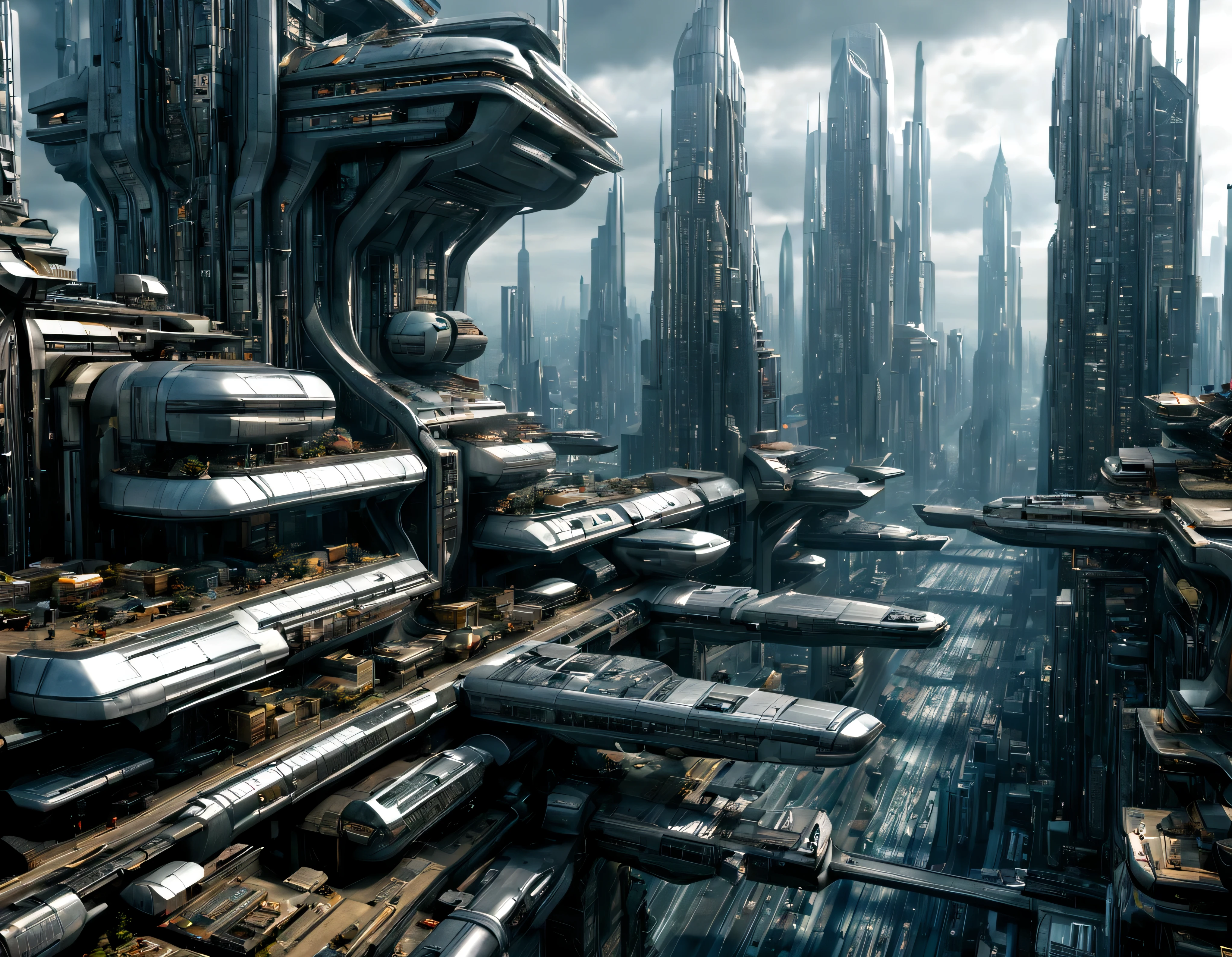 the city of megacity futuristic science fiction city as it would be in the year 3029, vista desde una terraza , with high-tech design , edificios de metal y cristal, highways crossing them, de una inmensidad impresionante, con el empleo de oro , silver and bronze in its construction, realmente impresionante a la vista, imagen bien definida, sharp well defined background, con muchos edificios juntos. sharp well defined 8k image. los edificios llegan alta el fondo.,8k. cinematographic image, renderizado 3d, ((obra maestra de superior calidad)).