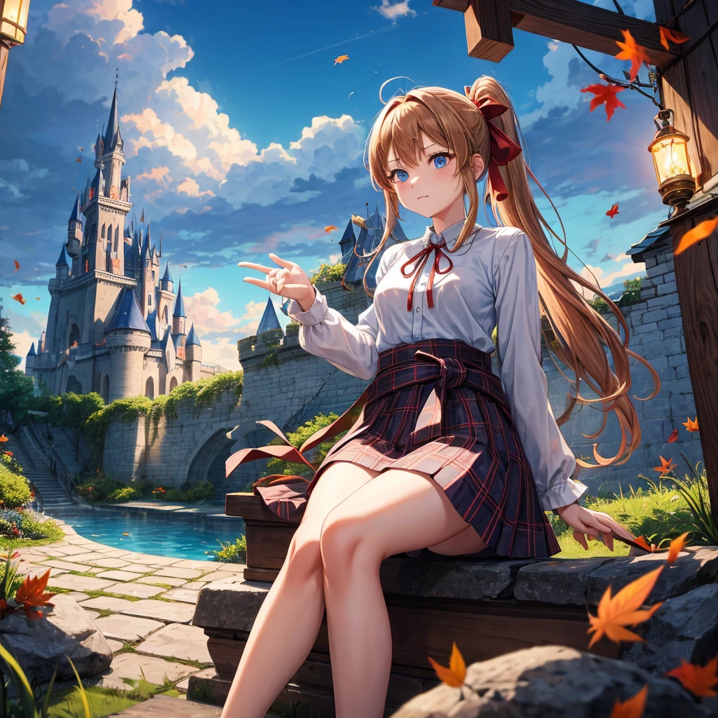 reddish-brown blonde、blue hair、blue eyes、ponytail、one good looking girl、solo、anime、Plaid miniskirt、camisole、sitting、black t-shirt、Tilting your face、Doing the ribbon、Ribbon at waist、sunset sky、broken stone steps、Remains、tunnel、Fallen leaves、Light and shadow、monster castle、One leg is raised、castle floating in the air、column、Jewelry box、flag、sparks fall、forest、Hand mirror、bondage、tall grass grows、cloak、circular cobblestone、the ground is cracked、aquarium、Vortex of Light、looking down、Fairies are flying