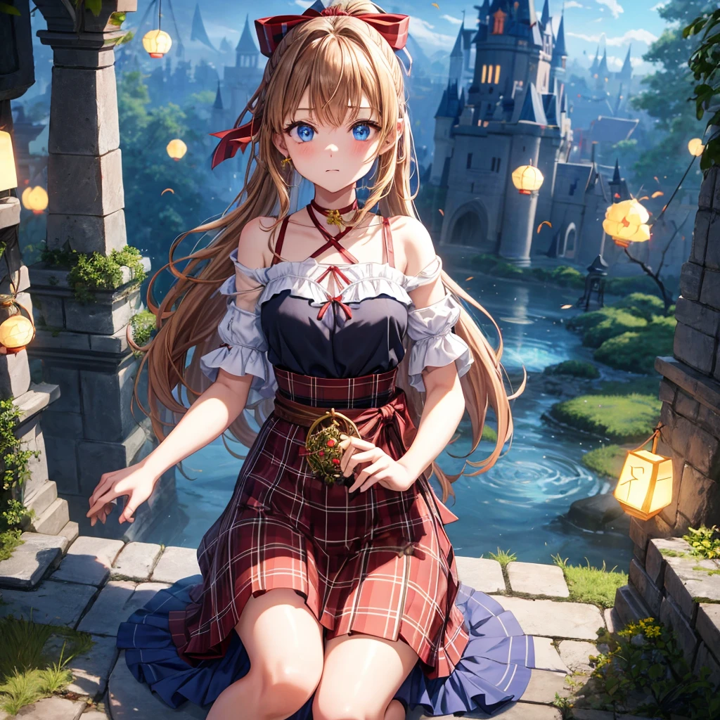 reddish-brown blonde、blue hair、blue eyes、ponytail、one good looking girl、solo、anime、Plaid miniskirt、camisole、sitting、black t-shirt、Tilting your face、Doing the ribbon、Ribbon at waist、sunset sky、broken stone steps、Remains、tunnel、Fallen leaves、Light and shadow、monster castle、One leg is raised、castle floating in the air、column、Jewelry box、flag、sparks fall、forest、Hand mirror、bondage、tall grass grows、cloak、circular cobblestone、the ground is cracked、aquarium、Vortex of Light、looking down、Fairies are flying