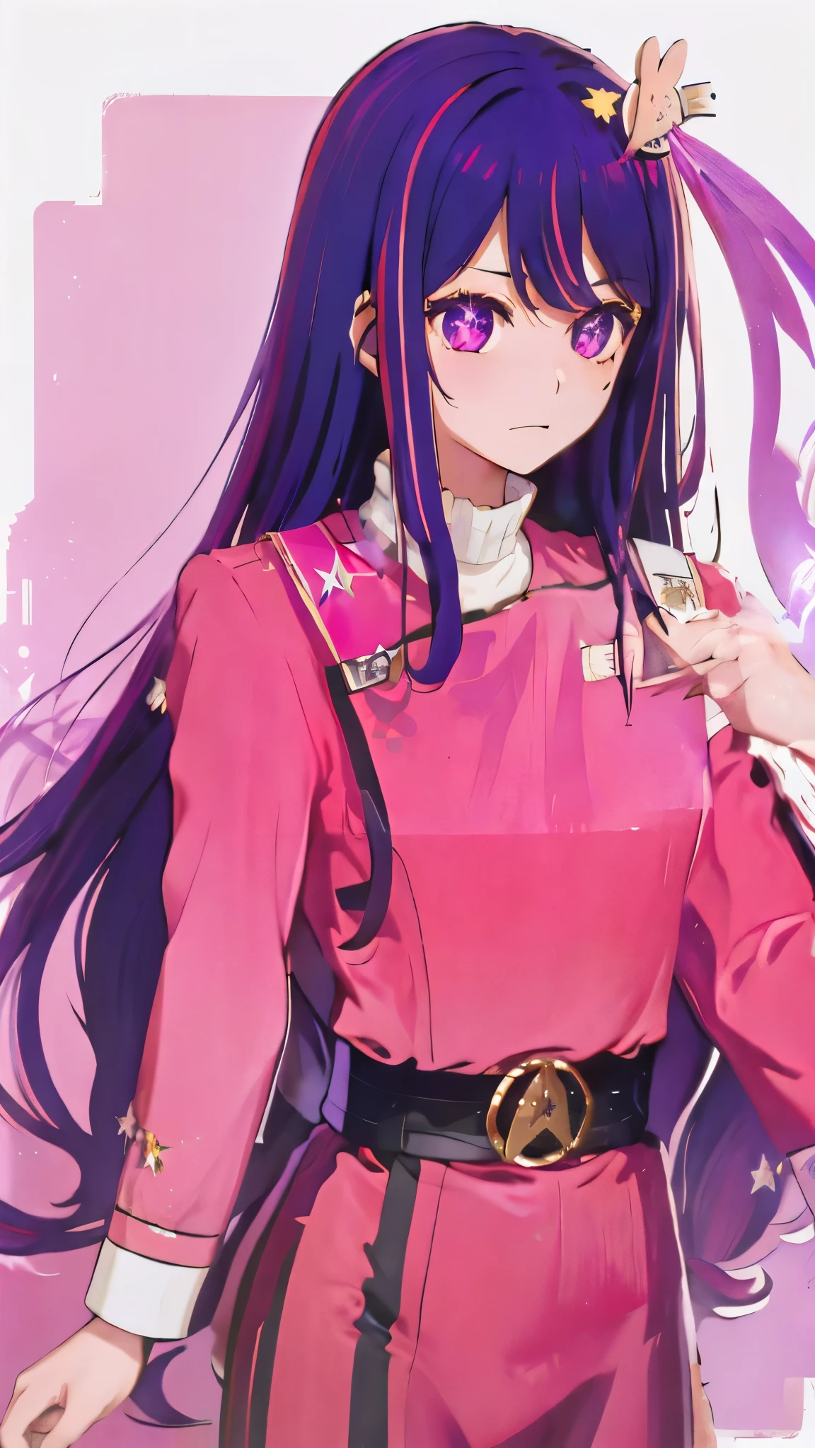 1 fullframe Hoshino Ai, long hair, purple hair, streaked hair ,purple eyes, star-shaped pupils, hair ornament, twokunf uniform on a blank netural background