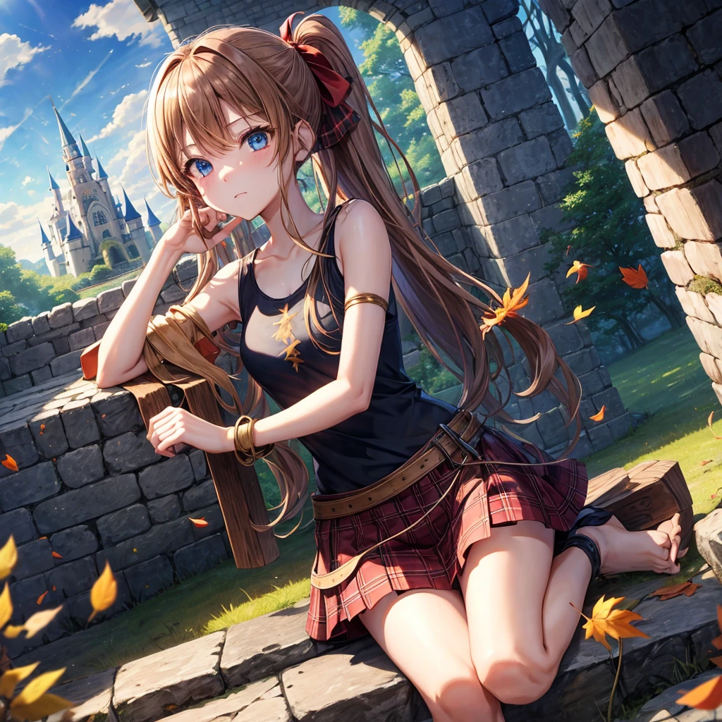 reddish-brown blonde、blue hair、blue eyes、ponytail、one good looking girl、solo、anime、Plaid miniskirt、camisole、sitting、black t-shirt、Tilting your face、Doing the ribbon、Ribbon at waist、sunset sky、broken stone steps、Remains、tunnel、Fallen leaves、Light and shadow、monster castle、One leg is raised、castle floating in the air、column、Jewelry box、flag、sparks fall、forest、Hand mirror、bondage、tall grass grows、cloak、circular cobblestone、the ground is cracked、aquarium、Vortex of Light、looking down、Fairies are flying