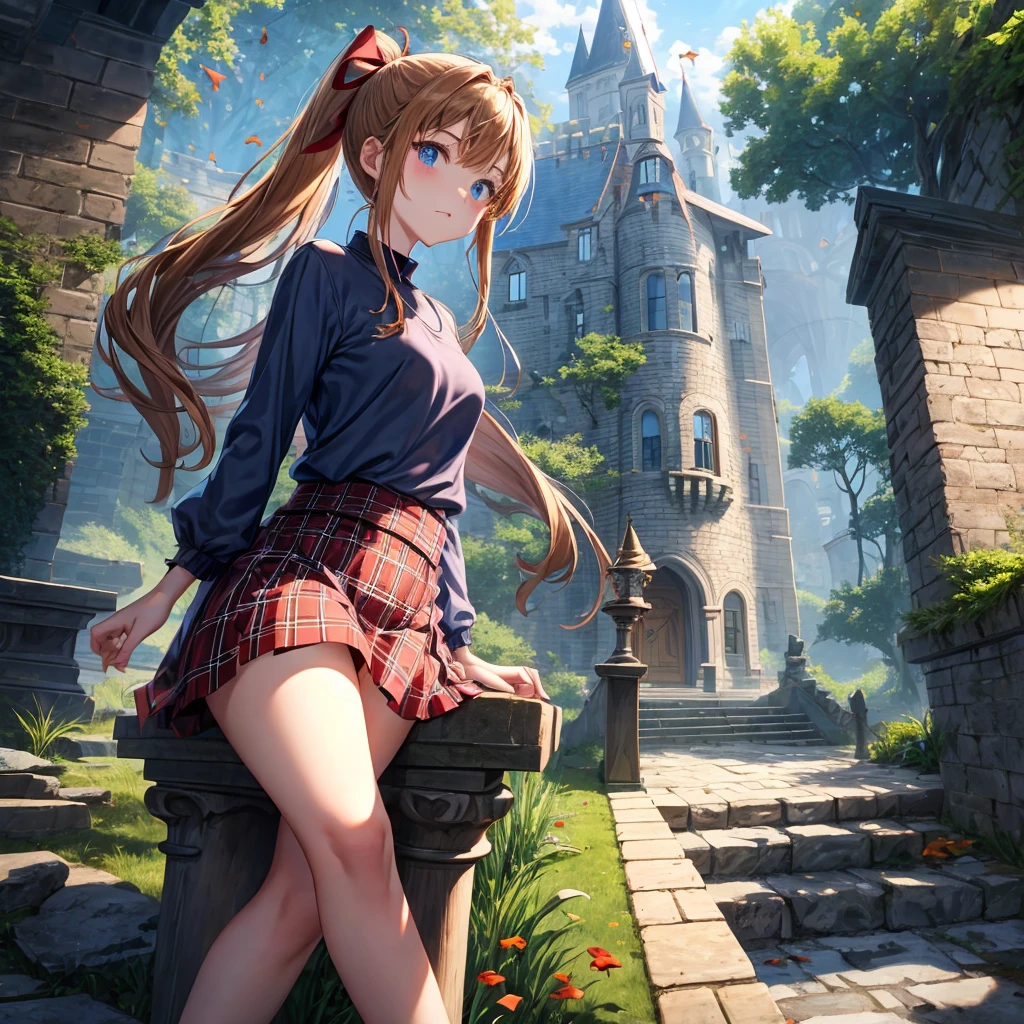 reddish-brown blonde、blue hair、blue eyes、ponytail、one good looking girl、solo、anime、Plaid miniskirt、camisole、sitting、black t-shirt、Tilting your face、Doing the ribbon、Ribbon at waist、sunset sky、broken stone steps、Remains、tunnel、Fallen leaves、Light and shadow、monster castle、One leg is raised、castle floating in the air、column、Jewelry box、flag、sparks fall、forest、Hand mirror、bondage、tall grass grows、cloak、circular cobblestone、the ground is cracked、aquarium、Vortex of Light、looking down、Fairies are flying