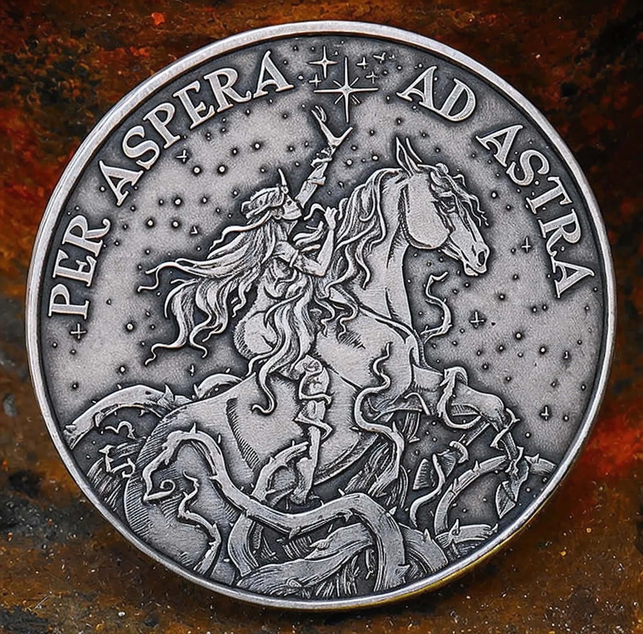 a close up of a coin with a horse on it, engraved highly detailed, а fantasy proto-slavic mythology, highly detailed engraving, a beautiful detailed orixa, highly detailed etching, engraved, inspired by Gustav Doré, silver, medieval coin texture, intricate ultra fine detail, intricately detailed engravings, 50, very close detailed closeup, detailed image