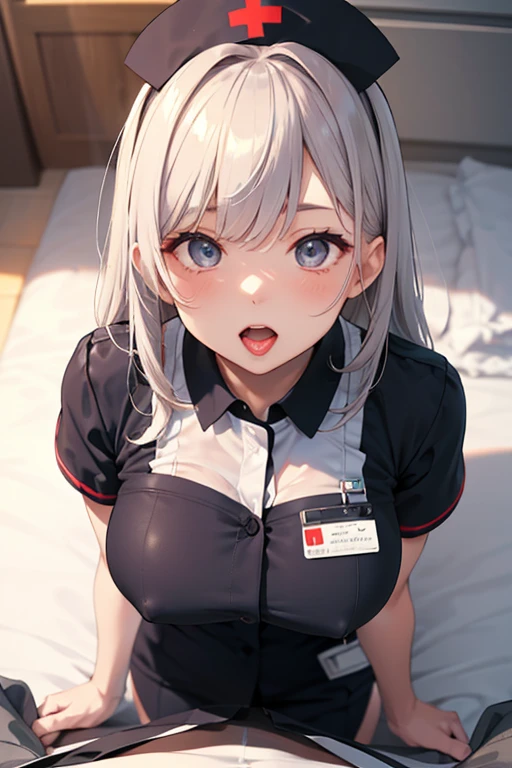 (POV,from above,mouth focus:1.5),1womanl, beautiful mature senior nurse, (perfect details beautiful eyes:1.2) ((red blush)), (open mouth,put out the tongue:1.2), large full breasts, (), Perfectly proportioned, Colorful long Hair, {(sheer nurse uniform:1.5), (covered pointy nipples:1.0),big sagging breasts},Octane Render, 8K, Unripe, ((Best Quality)), ((masutepiece)), 超A high resolution, (depth of fields), Maximum clarity and sharpness