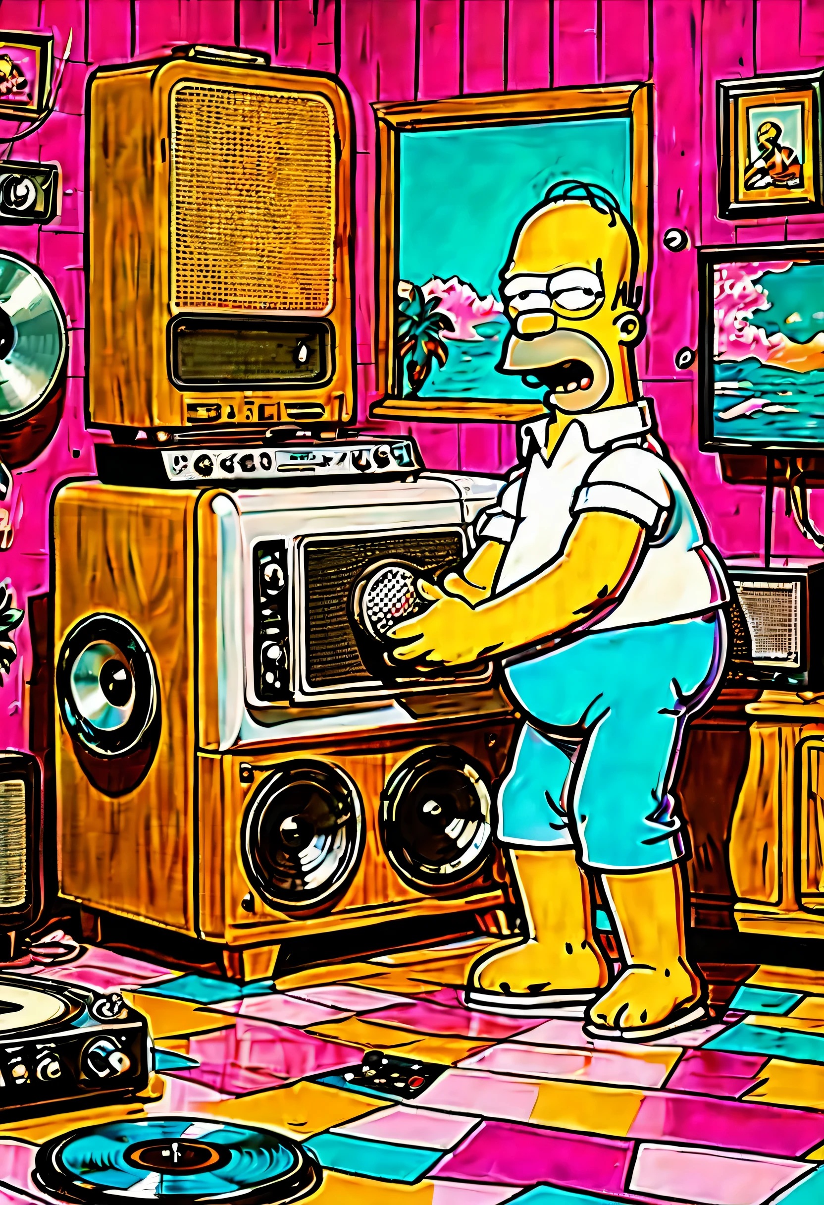 Homer Simpson is dancing rockabilly, Rockabilly fashion, classic tv and refrigerator, (((vaporwave aesthetic illustration:1.3))), toaster, vinyl record, Around the floating area - Notes, round box speaker and woofer, Classic room background details, dynamic angle, Detail textures, high quality, High resolution, grunge coating,