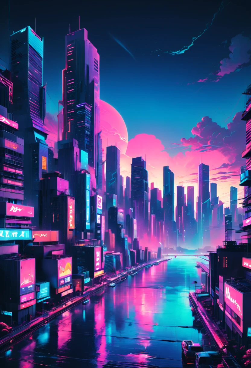Vaporwave Aesthetic, neon, city view, outdoor, by Alena Aenami, panoramic, Ultra high saturation, (best quality, masterpiece, Representative work, official art, Professional, 8k)