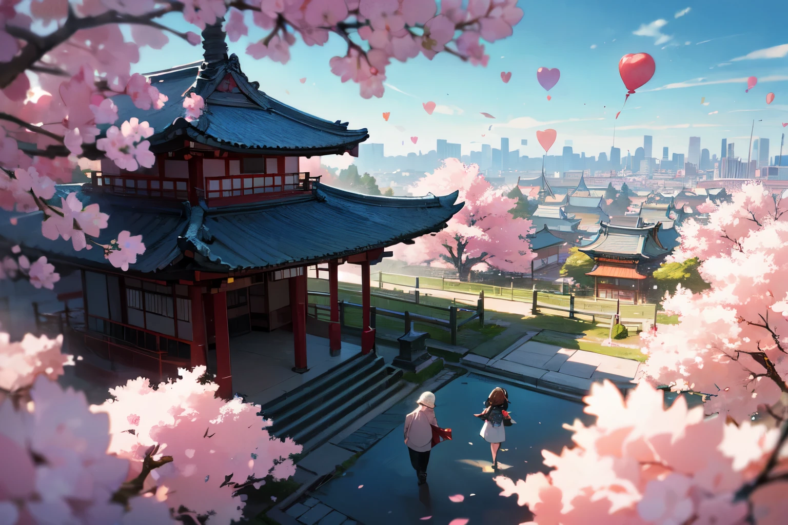 An aerial view overlooking a whimsical illustration of Japan. Colorful heart-shaped balloons float in a bright blue sky. On a crisp winter day, happy families and couples stroll below. Alongside the Tokyo cityscape, a temple hosts Setsubun bean throwing. Its grounds display Hinamatsuri doll platforms. Plum blossoms bloom around the temple. The atmosphere is cheerful under the sunny afternoon. (Best quality, 8k, Masterpiece:1.2),