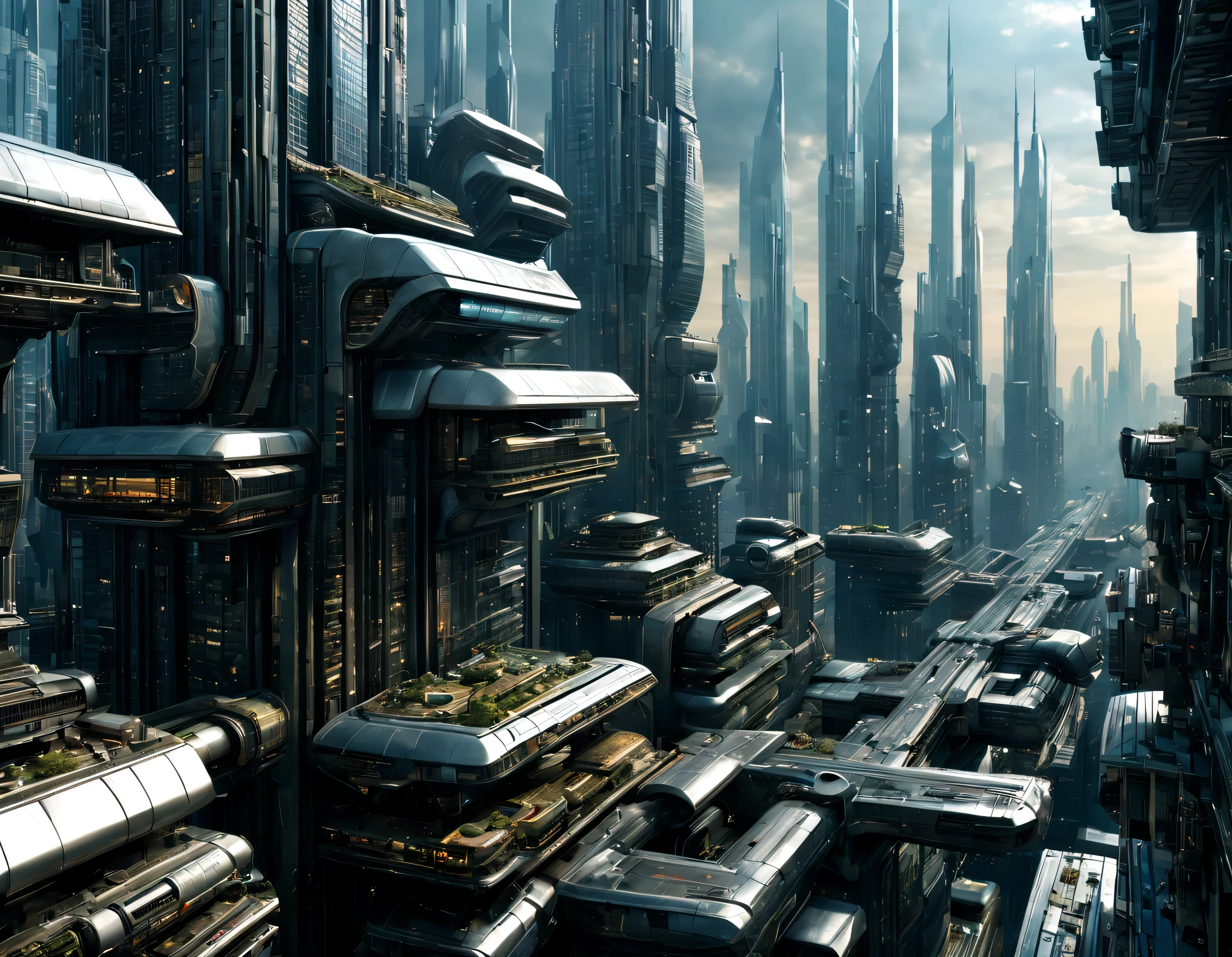 the city of megacity futuristic science fiction city as it would be in the year 3029, vista desde una terraza , with high-tech design , edificios de metal y cristal, highways crossing them, de una inmensidad impresionante, con el empleo de oro , silver and bronze in its construction, realmente impresionante a la vista, imagen bien definida, sharp well defined background, con muchos edificios juntos. sharp well defined 8k image. los edificios llegan alta el fondo.,8k. cinematographic image, renderizado 3d, ((obra maestra de superior calidad)).