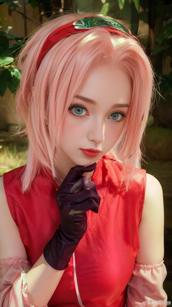 Young woman, slender body, porcelain skin, short pale pink hair, heart-shaped face, wide forehead, thin pink eyebrows, big jade green eyes, long eyelashes, buttoned nose, big pink lips, red quipao dress, black gloves , forest, Sakura Haruno, 3d, realistic, realism, high focus, details
