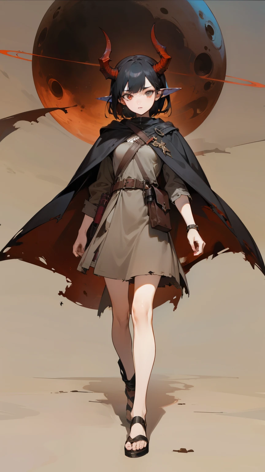 demon girl, beautiful facial features, Black hair, brown torn fabric, elf ears, gray cloak, pouch on the belt, legs in windings, planet mars in the background, minimal clothes, 