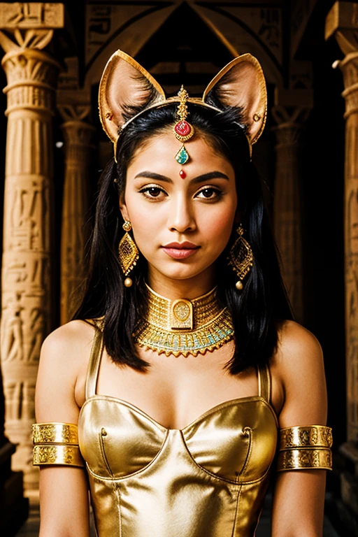 ((best quality)), ((chef-d'artwork)), (detailed), femme avec visage parfait, cat head goddess Bastet; Ancient Egyptian Queen Dress, bijoux precieux; Pharaoh's temple in the background; Peplum film effect; dim light;