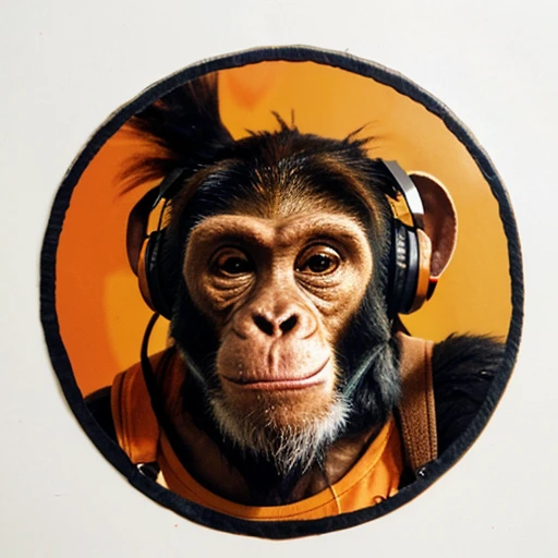 a close up of a sceptical monkey face, big ears, headphones are floating below the face, monkey, bored ape, face like monkey, in style of monkeybone, in style of primal apes, ape, orange head, LP vinyl sticker design