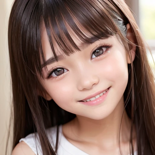 1 girl、smooth skin、(((happy smile)))、gaze towards the viewer、cute girl with beautiful face、(10 years old)、pointed chest、long eyelashes 、Delicate、very fine eyes、(thin eyebrows)、very very detailed face、((brunette tousled hair))、Girl posing