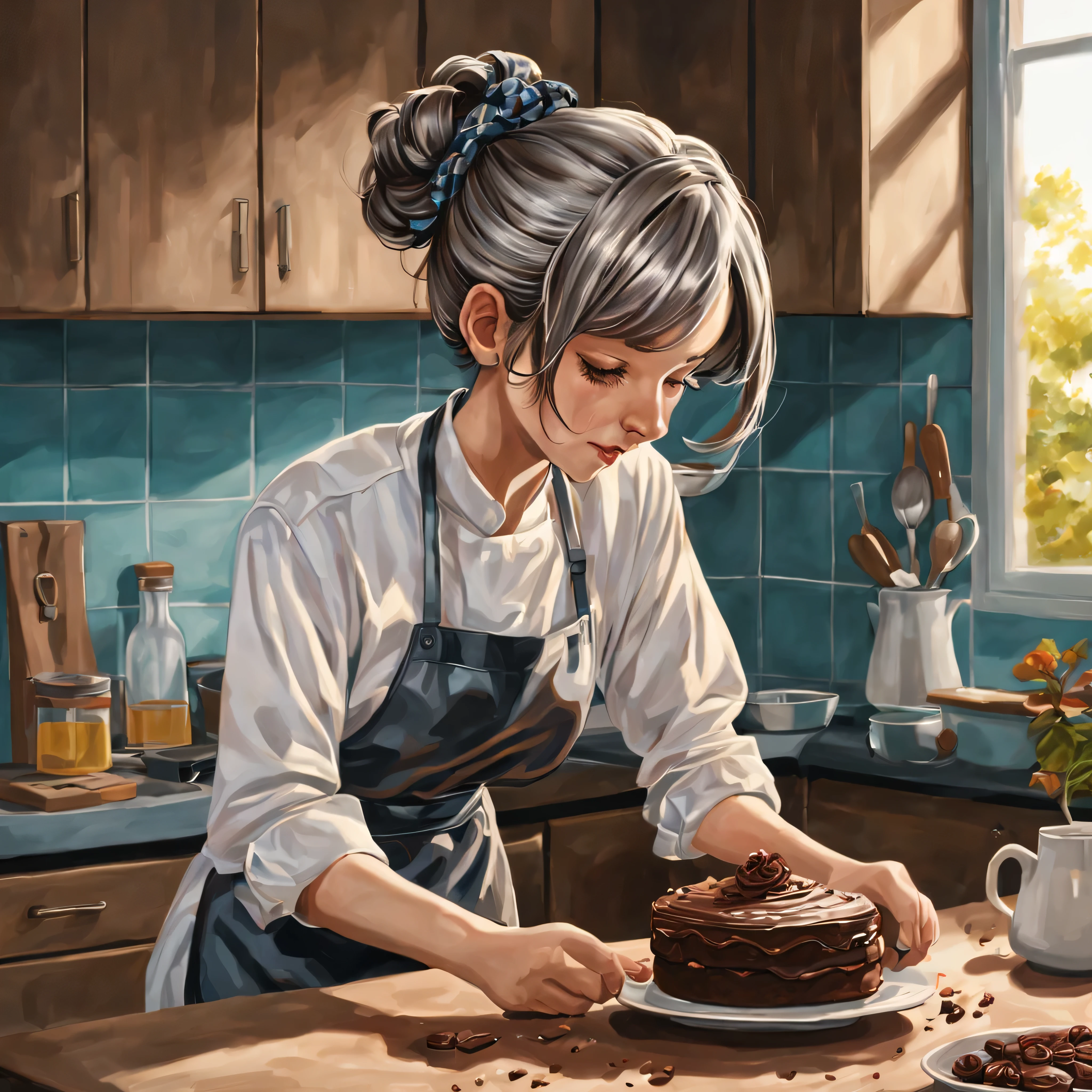 Girl making homemade chocolate cake in the kitchen, gray hair, bun hair, short hair, wavy hair, hair scarf, pop art, hyper realism, From the side, bloom, masterpiece, anatomically correct, Super detailed, high quality, advanced details