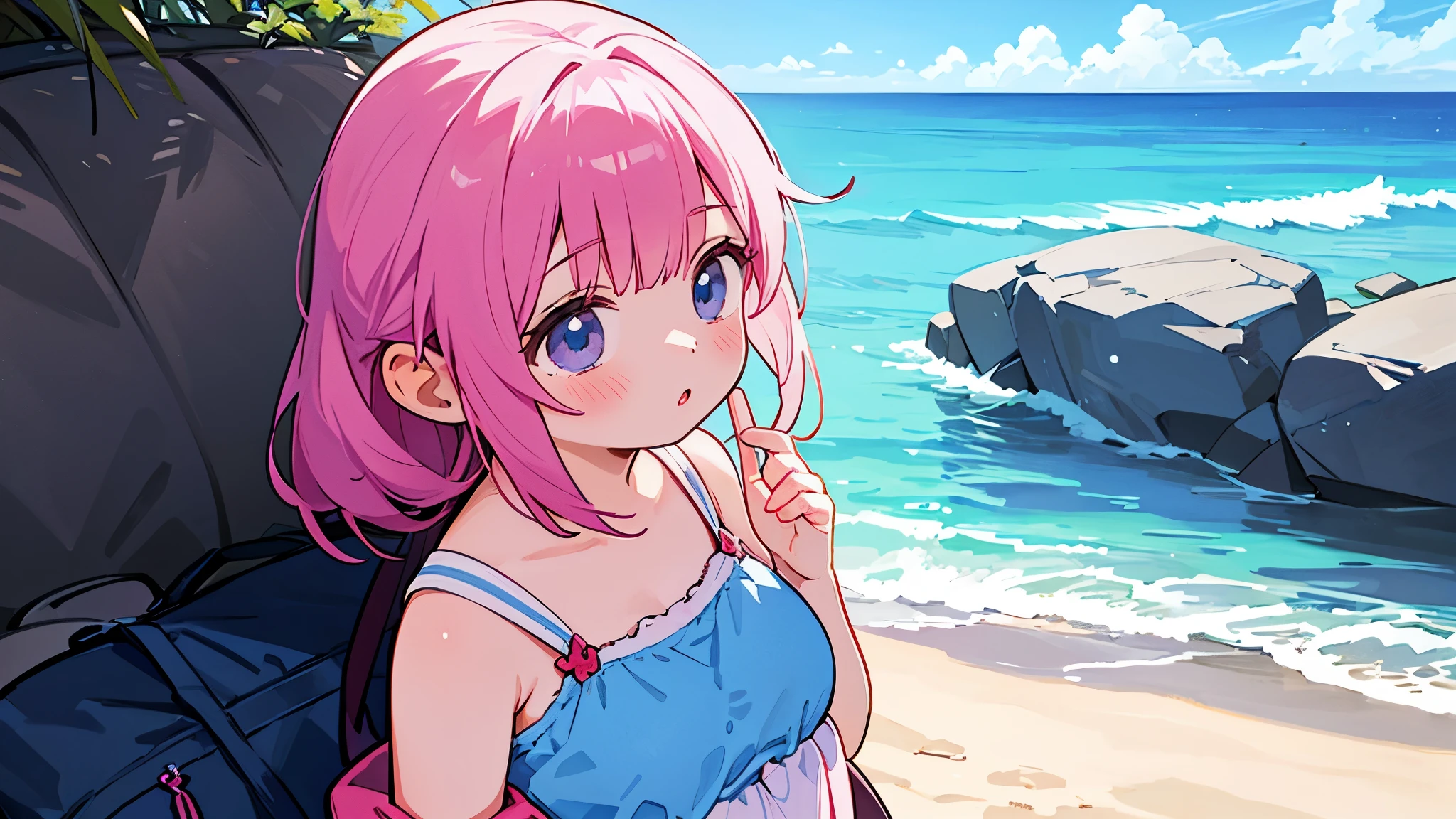 photoRealstic、Illustration of a girl on the beach,She is a magical girl、however、Magic can fail