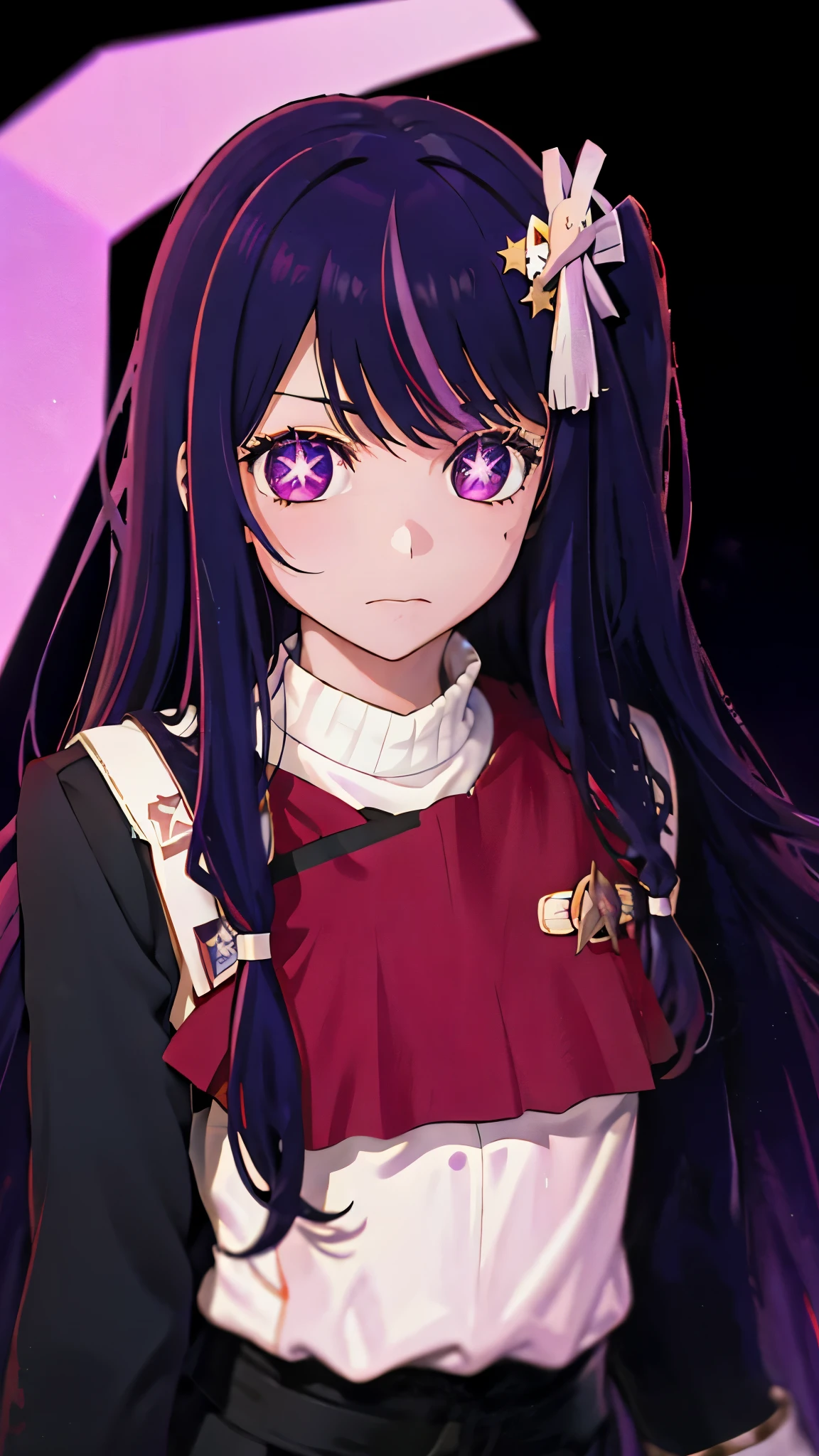 1 fullframe Hoshino Ai, long hair, purple hair, streaked hair ,purple eyes, star-shaped pupils, hair ornament, twokunf uniform on a blank netural background