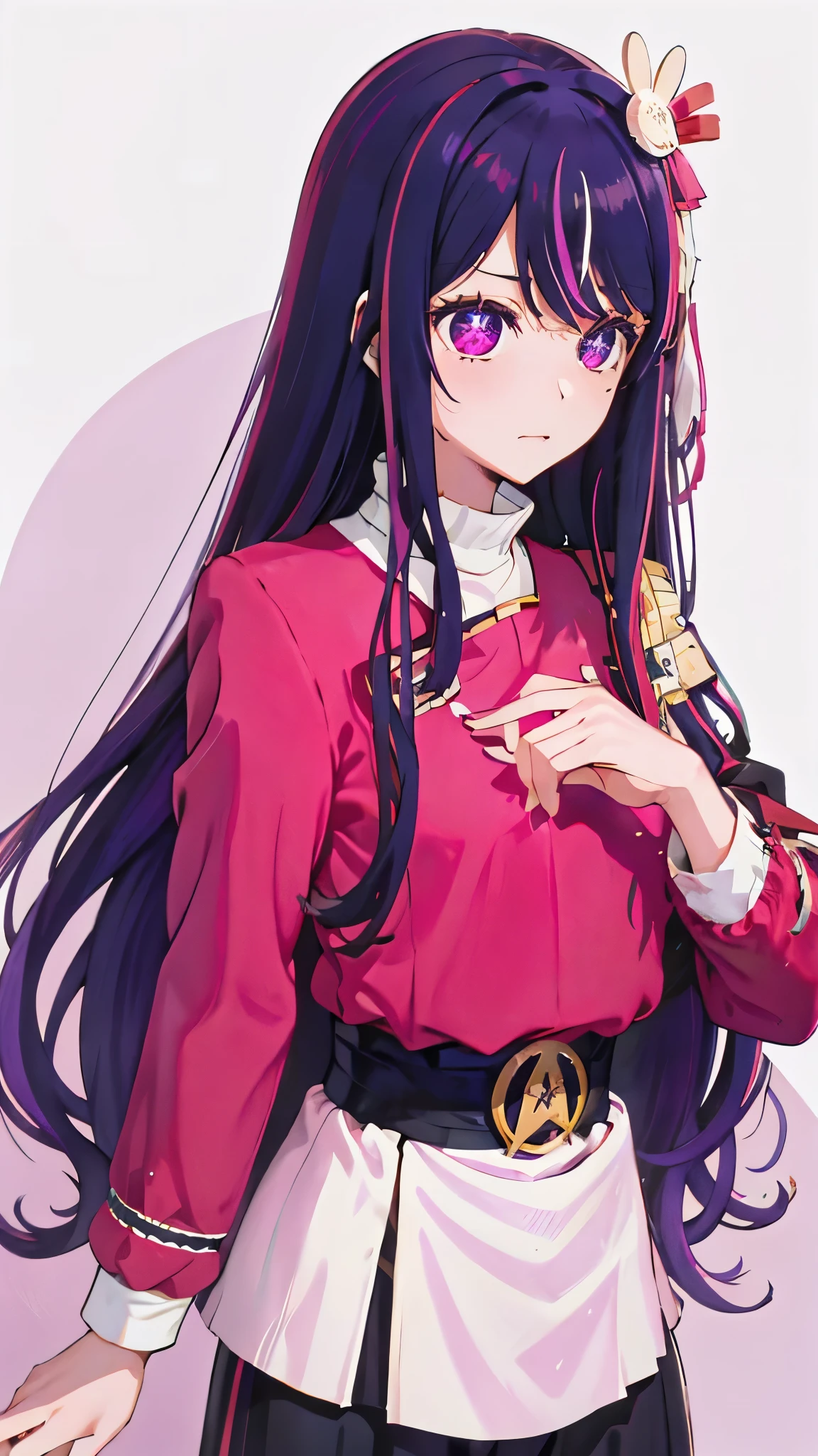 1 fullframe Hoshino Ai, long hair, purple hair, streaked hair ,purple eyes, star-shaped pupils, hair ornament, twokunf uniform on a blank netural background