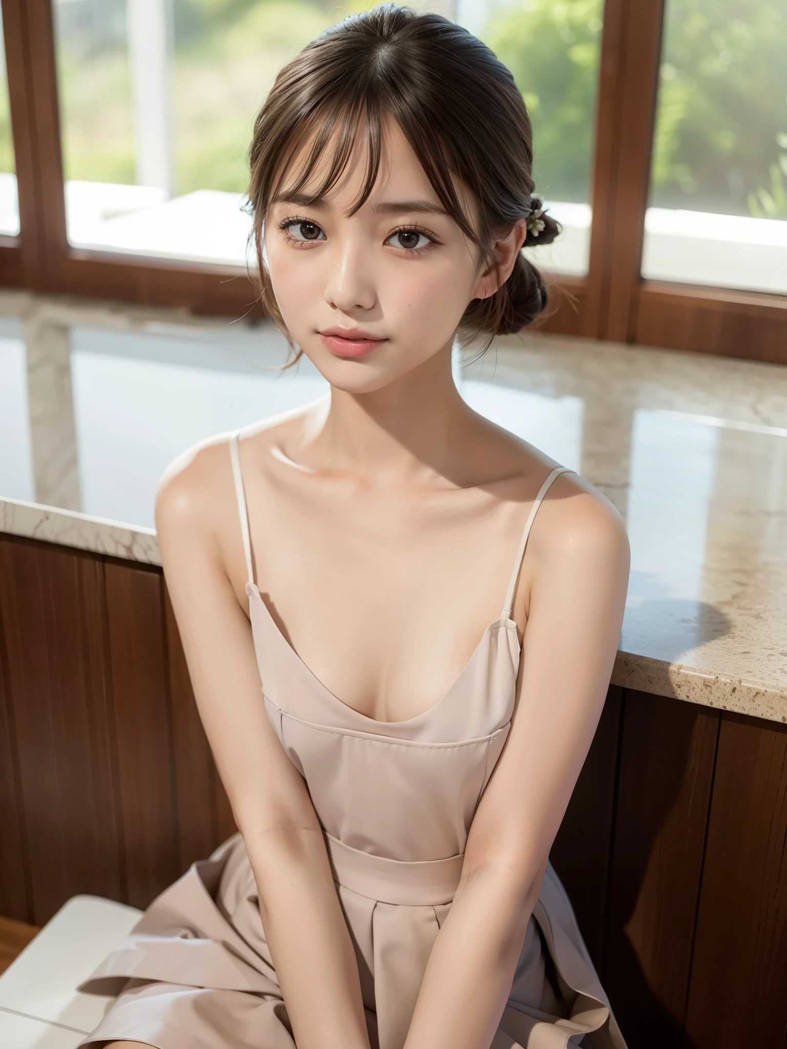 ((Best of the highest quality, 8k, Masterpiece: 1.3, raw photo)), Sharp focus: 1.2, (1 AESPA girl: 1.1), (Solo: 1.18), (realistic, photo-realistic:1.37), face focus, cute face, (Small breasts, flat chest, Thigh: 1.3), short messy hair, updo, Small Smile, (nude, skirt: 1.3), sitting, cafe, bar, flower, dahlia