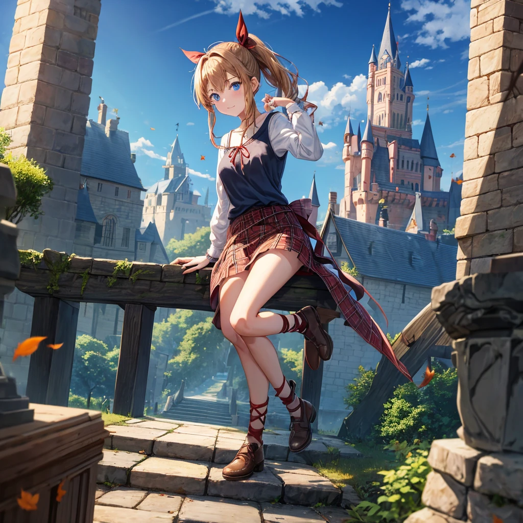 reddish-brown blonde、blue hair、blue eyes、ponytail、one good looking girl、solo、anime、Plaid miniskirt、camisole、sitting、black t-shirt、Tilting your face、Doing the ribbon、Ribbon at waist、sunset sky、broken stone steps、Remains、tunnel、Fallen leaves、Light and shadow、monster castle、One leg is raised、castle floating in the air、column、Jewelry box、flag、sparks fall、forest、Hand mirror、bondage、tall grass grows、cloak、circular cobblestone、the ground is cracked、aquarium、Vortex of Light、looking down、Fairies are flying