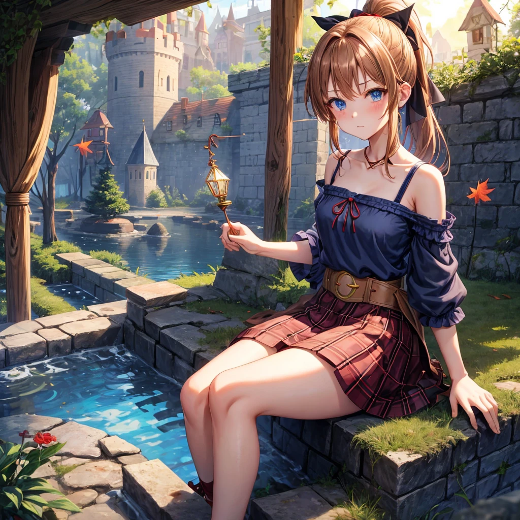 reddish-brown blonde、blue hair、blue eyes、ponytail、one good looking girl、solo、anime、Plaid miniskirt、camisole、sitting、black t-shirt、Tilting your face、Doing the ribbon、Ribbon at waist、sunset sky、broken stone steps、Remains、tunnel、Fallen leaves、Light and shadow、monster castle、One leg is raised、castle floating in the air、column、Jewelry box、flag、sparks fall、forest、Hand mirror、bondage、tall grass grows、cloak、circular cobblestone、the ground is cracked、aquarium、Vortex of Light、looking down、Fairies are flying