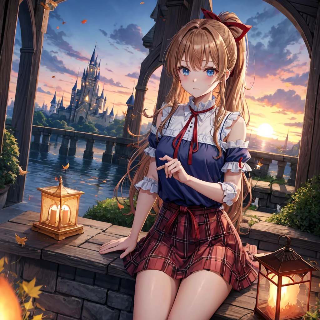 reddish-brown blonde、blue hair、blue eyes、ponytail、one good looking girl、solo、anime、Plaid miniskirt、camisole、sitting、black t-shirt、Tilting your face、Doing the ribbon、Ribbon at waist、sunset sky、broken stone steps、Remains、tunnel、Fallen leaves、Light and shadow、monster castle、One leg is raised、castle floating in the air、column、Jewelry box、flag、sparks fall、forest、Hand mirror、、tall grass grows、cloak、circular cobblestone、the ground is cracked、aquarium、Vortex of Light、looking down、Fairies are flying