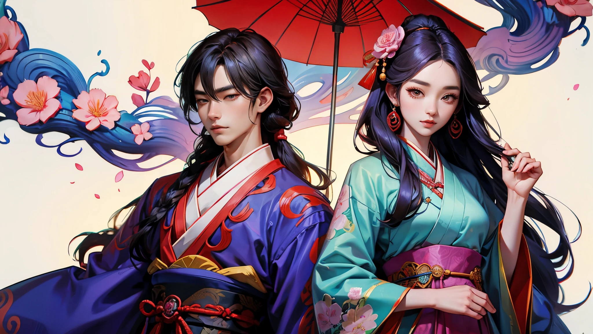 Susanoo, a beautiful Korean woman in traditional dress and her husband Jumong