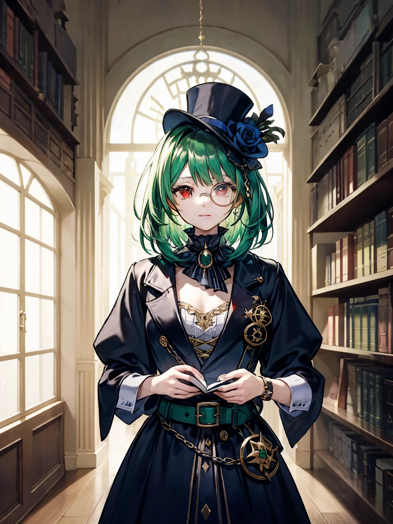 （（（masterpiece、Highest image quality、highest quality、highly detailed unity 8ｋwallpaper）））、（（Illustration of one girl、upper body））、（（（beautiful girl）））、（librarian）、（Emerald green hair、messy hair、sidelocks：1.2、red eyes、crazy smile）、（（（flat chest）））、（（（monocle）））、pocket watch、（（（Black top hat、Black tuxedo、belt）））、great medieval library、Large amount of books