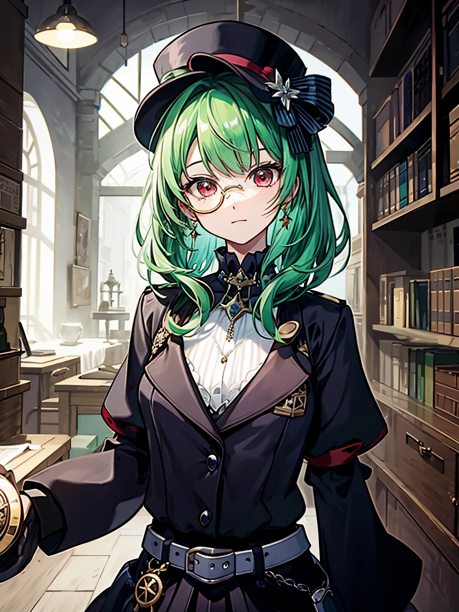 (((masterpiece、Highest image quality、highest quality、highly detailed unity 8kwallpaper)))、((Illustration of one girl、upper body))、(((beautiful girl)))、(librarian)、(Emerald green hair、messy hair、sidelocks:1.2、red eyes、crazy smile)、(((flat chest)))、(((monocle)))、pocket watch、(((Black top hat、Black tuxedo、belt)))、great medieval library、Large amount of books