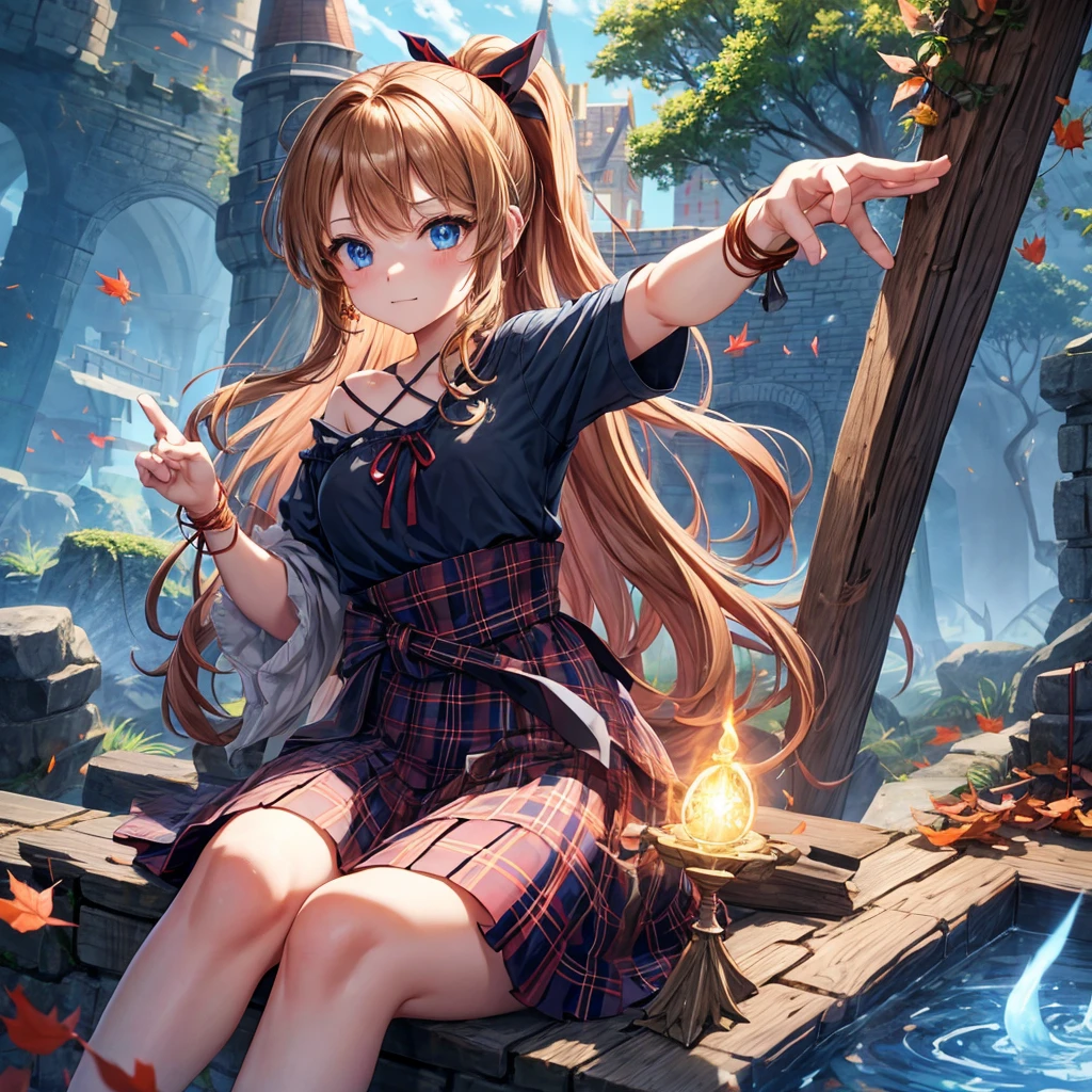 reddish-brown blonde、blue hair、blue eyes、ponytail、one good looking girl、solo、anime、Plaid miniskirt、camisole、sitting、black t-shirt、Tilting your face、Doing the ribbon、Ribbon at waist、sunset sky、broken stone steps、Remains、tunnel、Fallen leaves、Light and shadow、monster castle、One leg is raised、castle floating in the air、column、Jewelry box、flag、sparks fall、forest、Hand mirror、bondage、tall grass grows、cloak、circular cobblestone、the ground is cracked、aquarium、Vortex of Light、looking down、Fairies are flying