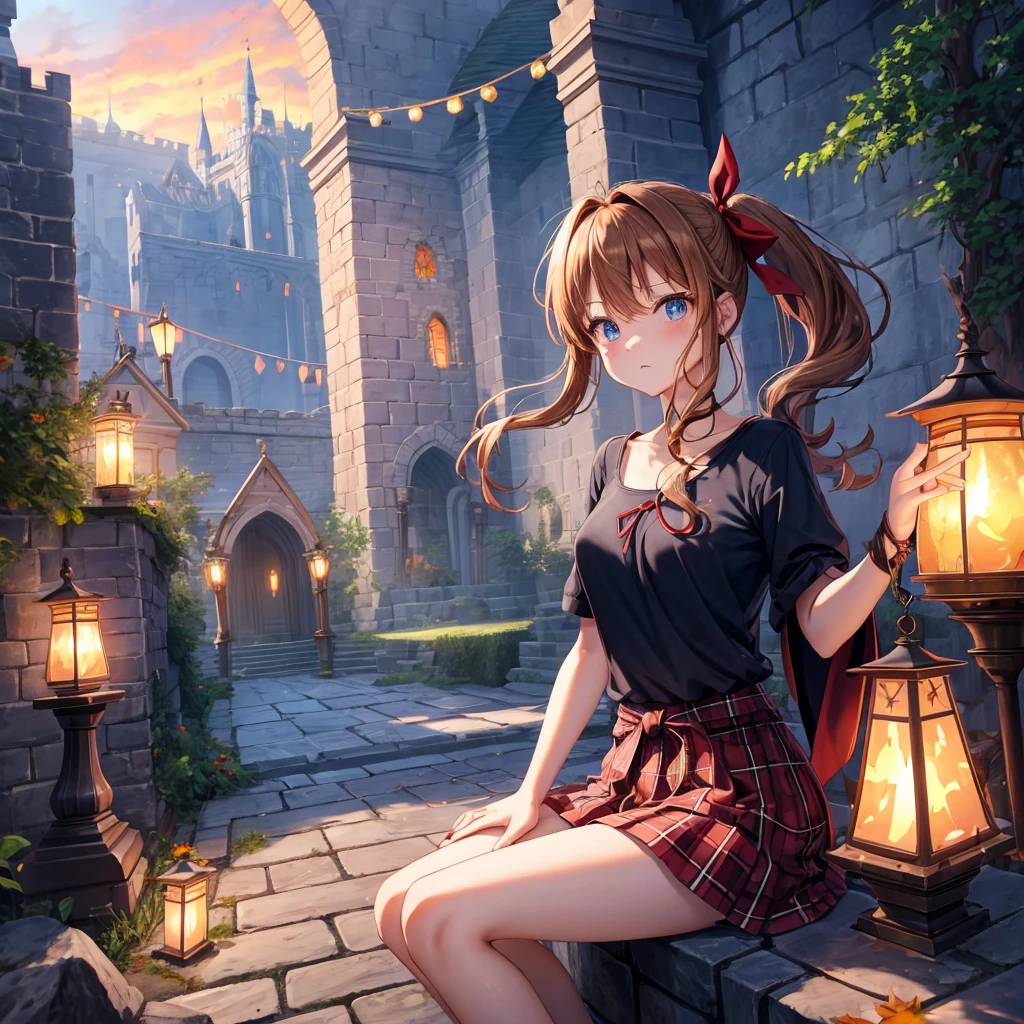 reddish-brown blonde、blue hair、blue eyes、ponytail、one good looking girl、solo、anime、Plaid miniskirt、camisole、sitting、black t-shirt、Tilting your face、Doing the ribbon、Ribbon at waist、sunset sky、broken stone steps、Remains、tunnel、Fallen leaves、Light and shadow、monster castle、One leg is raised、castle floating in the air、column、Jewelry box、flag、sparks fall、forest、Hand mirror、bondage、tall grass grows、cloak、circular cobblestone、the ground is cracked、aquarium、Vortex of Light、looking down、Fairies are flying