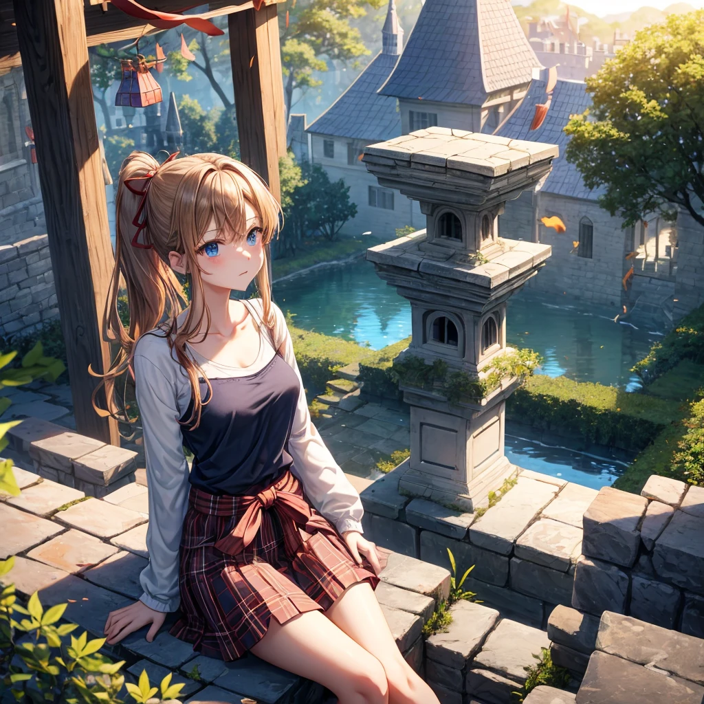 reddish-brown blonde、blue hair、blue eyes、ponytail、one good looking girl、solo、anime、Plaid miniskirt、camisole、sitting、black t-shirt、Tilting your face、Doing the ribbon、Ribbon at waist、sunset sky、broken stone steps、Remains、tunnel、Fallen leaves、Light and shadow、monster castle、One leg is raised、castle floating in the air、column、Jewelry box、flag、sparks fall、forest、Hand mirror、bondage、tall grass grows、cloak、circular cobblestone、the ground is cracked、aquarium、Vortex of Light、looking down、Fairies are flying