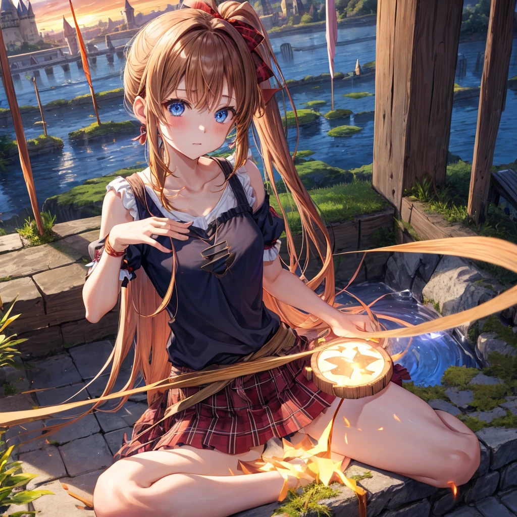 reddish-brown blonde、blue hair、blue eyes、ponytail、one good looking girl、solo、anime、Plaid miniskirt、camisole、sitting、black t-shirt、Tilting your face、Doing the ribbon、Ribbon at waist、sunset sky、broken stone steps、Remains、tunnel、Fallen leaves、Light and shadow、monster castle、One leg is raised、castle floating in the air、column、Jewelry box、flag、sparks fall、forest、Hand mirror、bondage、tall grass grows、cloak、circular cobblestone、the ground is cracked、aquarium、Vortex of Light、looking down、Fairies are flying