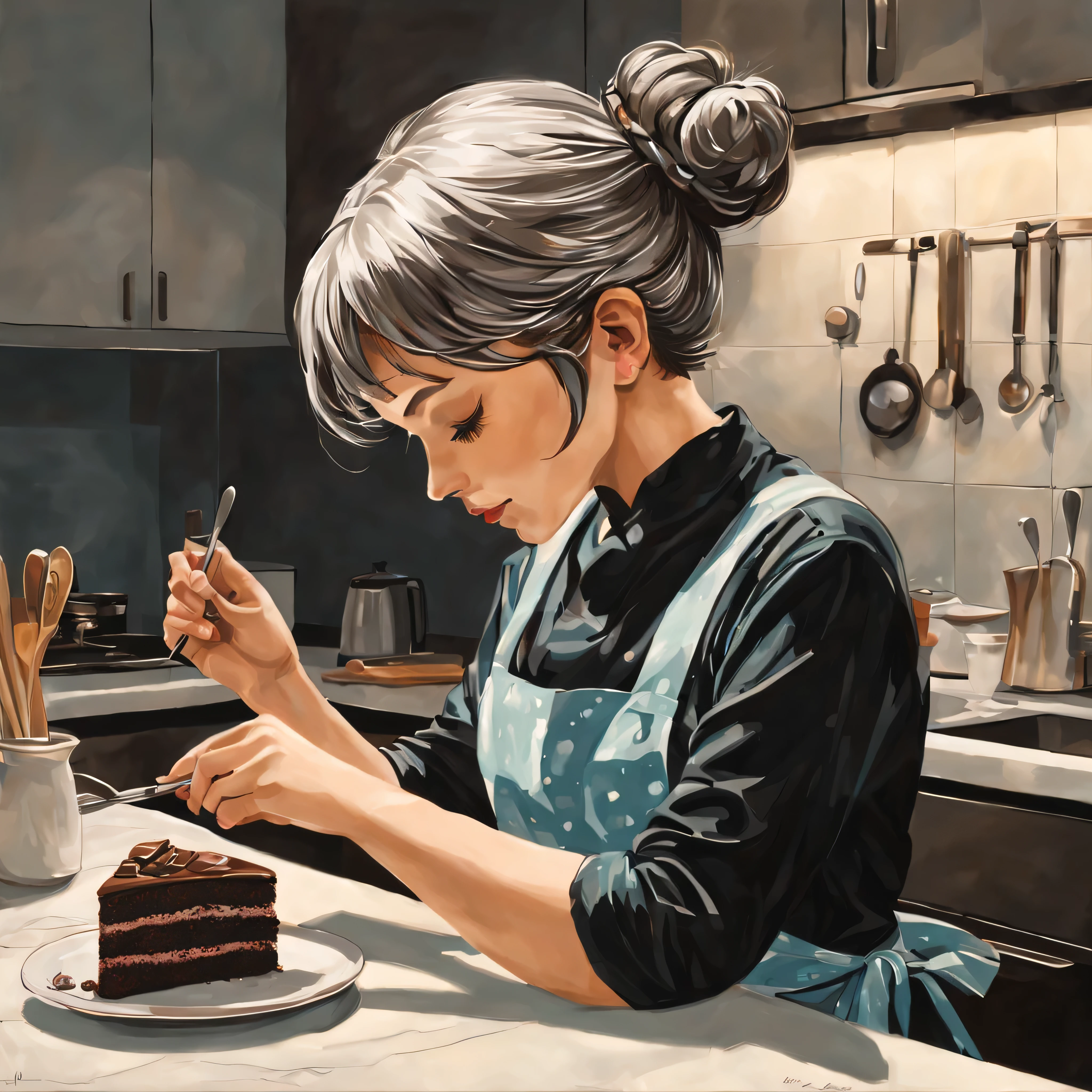 Girl making homemade chocolate cake in the kitchen, gray hair, bun hair, short hair, wavy hair, hair scarf, pop art, hyper realism, From the side, bloom, masterpiece, anatomically correct, Super detailed, high quality, advanced details