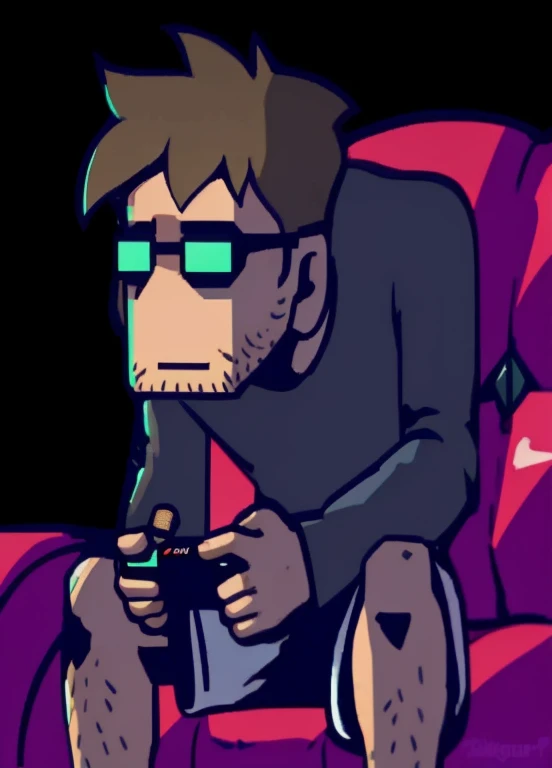cartoon of a man sitting in a chair with a game controller, twitch streamer / gamer ludwig, video game fanart, discord profile picture, videogame style, gamer aesthetic, unknown artstyle, videogame still, 2d game fanart, videogame art, plays videogames, video game style, epic art style, video game avatar, game dev art, 2 d style, varguyart style