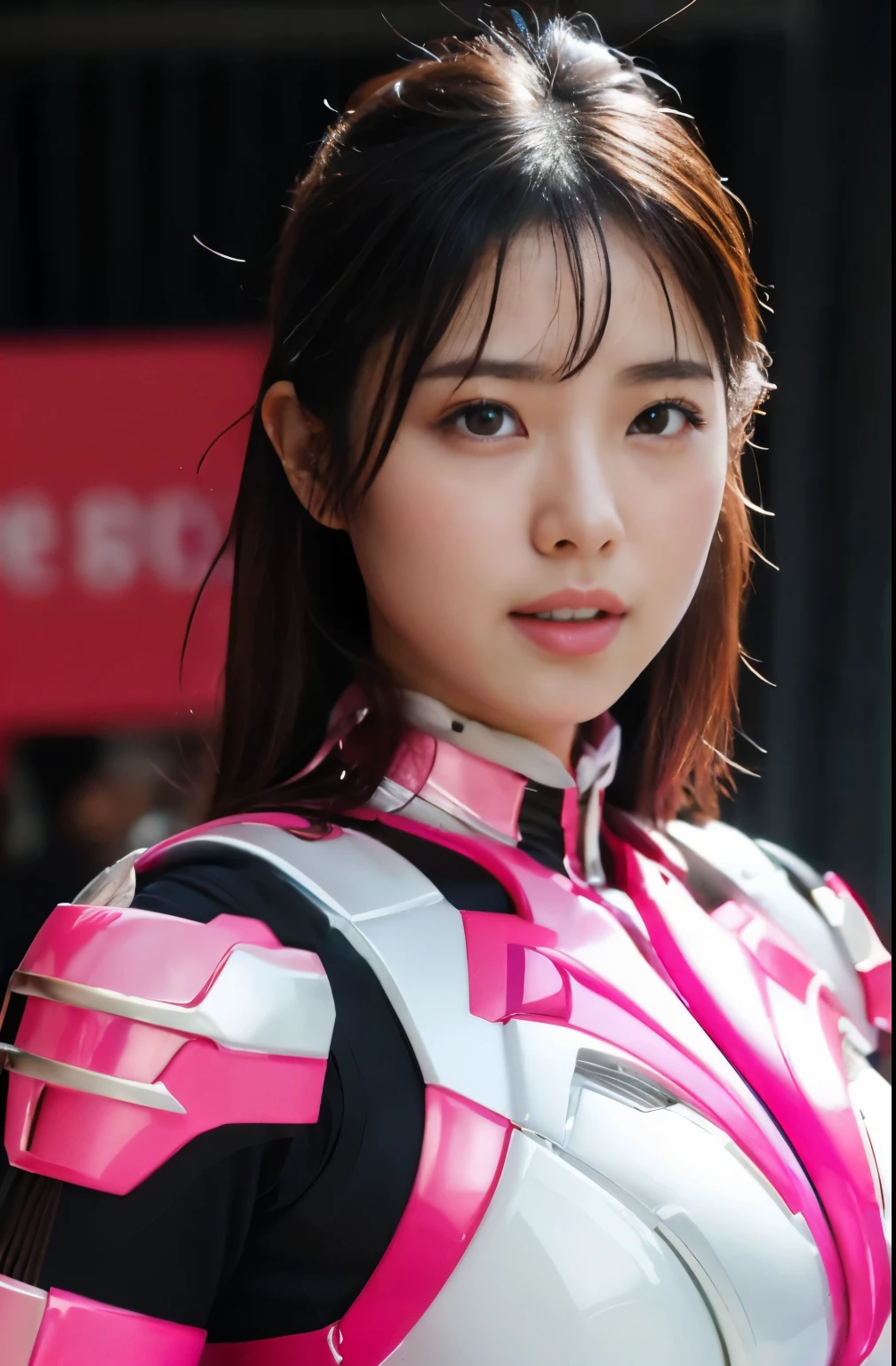 pink power range lemele、realistic, shiny dark pink and white suit、Power Rangers Bodysuit、professional photos、Exposing the skin, japanese model、thick body, laughter、big breasts、black haired、sweaty face、No sleeve