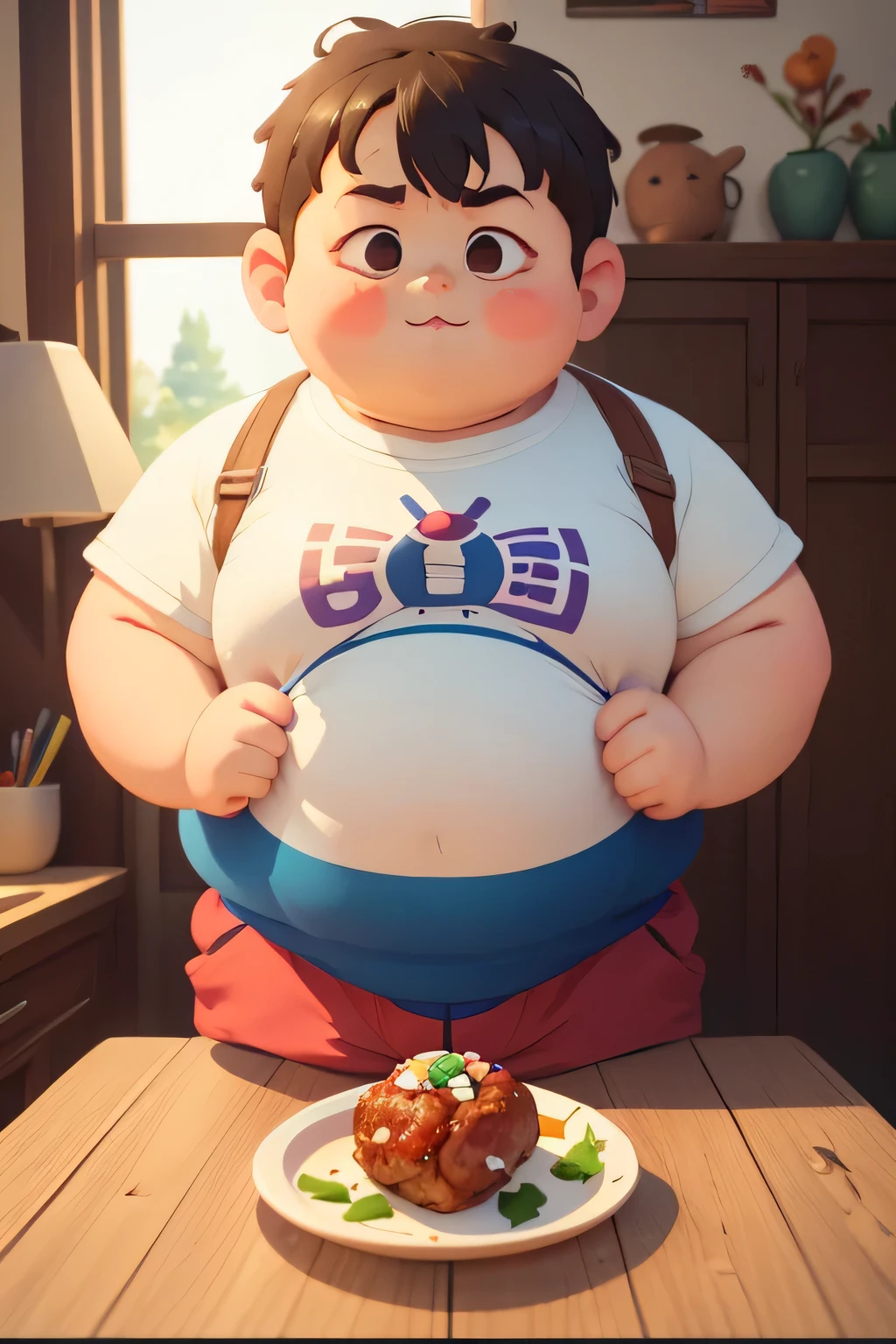 Ghibli Anime style,fat little boy,eating meatball,realistic photo, white background studio,POV Front Face,(best quality,4k,8k,highres,masterpiece:1.2),semi-realistic,illustration,healthy appetite,vivid colors,physically-based rendering,sharp focus,studio lighting