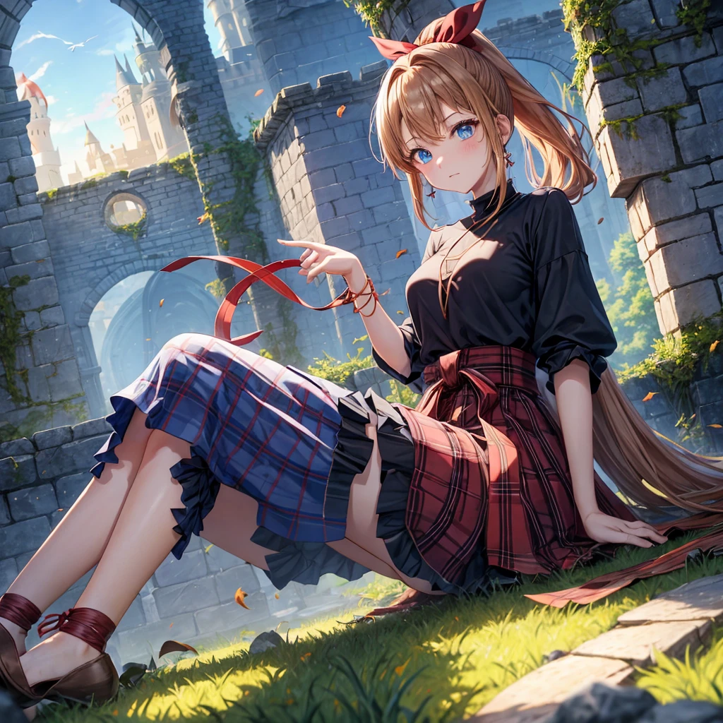 reddish-brown blonde、blue hair、blue eyes、ponytail、one good looking girl、solo、anime、Plaid miniskirt、camisole、sitting、black t-shirt、Tilting your face、Doing the ribbon、Ribbon at waist、sunset sky、broken stone steps、Remains、tunnel、Fallen leaves、Light and shadow、monster castle、One leg is raised、castle floating in the air、column、Jewelry box、flag、sparks fall、forest、Hand mirror、bondage、tall grass grows、cloak、circular cobblestone、the ground is cracked、aquarium、Vortex of Light、looking down、Fairies are flying