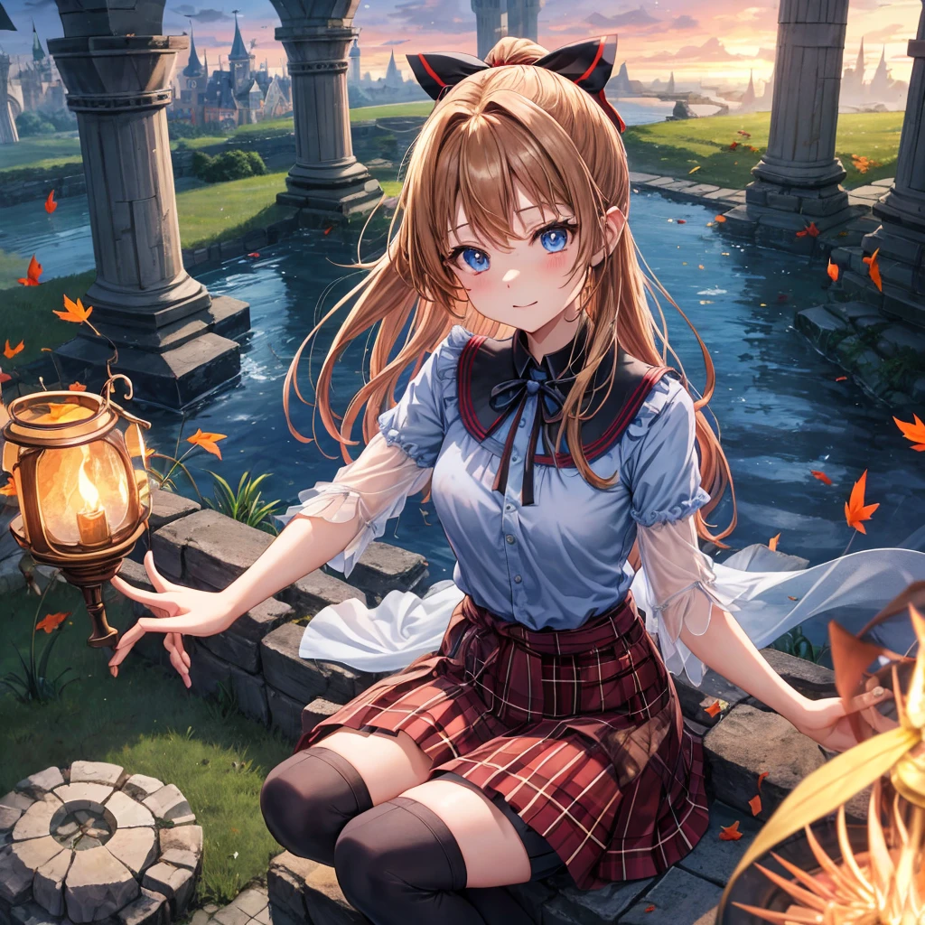 reddish-brown blonde、blue hair、blue eyes、ponytail、one good looking girl、solo、anime、Plaid miniskirt、camisole、sitting、black t-shirt、Tilting your face、Doing the ribbon、Ribbon at waist、sunset sky、broken stone steps、Remains、tunnel、Fallen leaves、Light and shadow、monster castle、One leg is raised、castle floating in the air、column、Jewelry box、flag、sparks fall、forest、Hand mirror、bondage、tall grass grows、cloak、circular cobblestone、the ground is cracked、aquarium、Vortex of Light、looking down、Fairies are flying