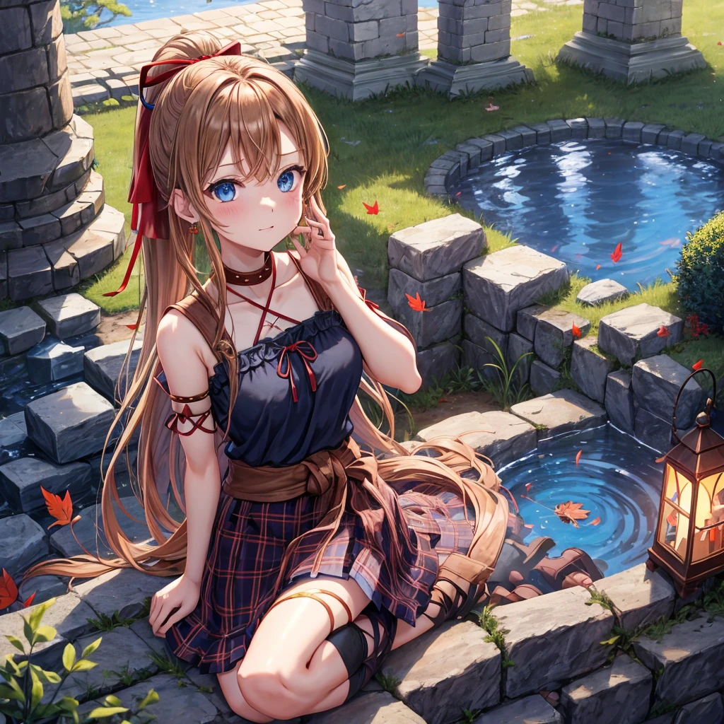 reddish-brown blonde、blue hair、blue eyes、ponytail、one good looking girl、solo、anime、Plaid miniskirt、camisole、sitting、black t-shirt、Tilting your face、Doing the ribbon、Ribbon at waist、sunset sky、broken stone steps、Remains、tunnel、Fallen leaves、Light and shadow、monster castle、One leg is raised、castle floating in the air、column、Jewelry box、flag、sparks fall、forest、Hand mirror、bondage、tall grass grows、cloak、circular cobblestone、the ground is cracked、aquarium、Vortex of Light、looking down、Fairies are flying