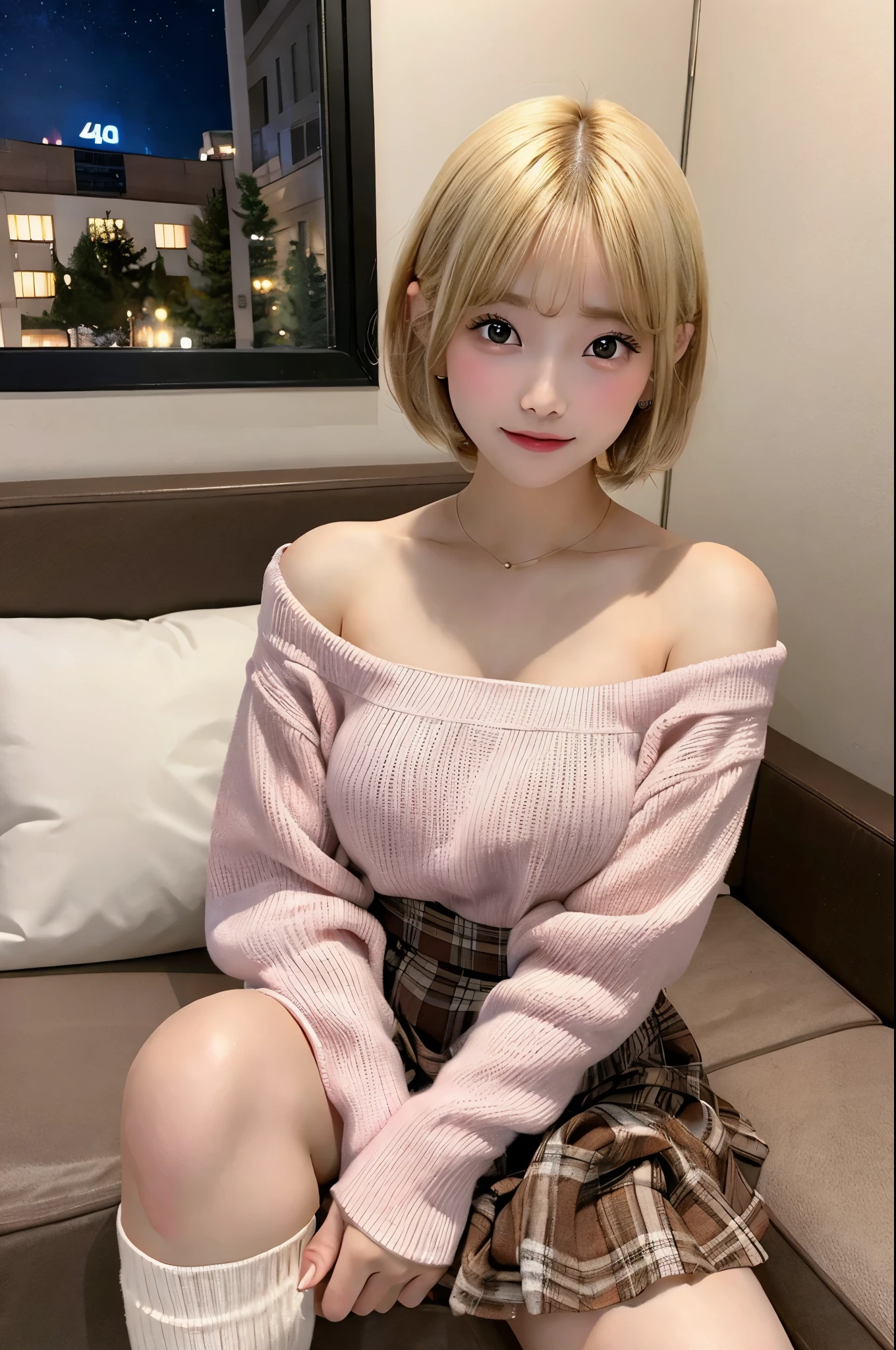 Highest image quality、4K、8K、big breasts、G cup、cute、round face、baby face、18-year-old、bright blonde、short hair、Wearing a pink knit with long sleeves、Wearing a brown checked pleated skirt、wearing white high socks、beautiful feet、night、Luxury hotel rooms、Sitting on a fancy sofa、I can see the whole body